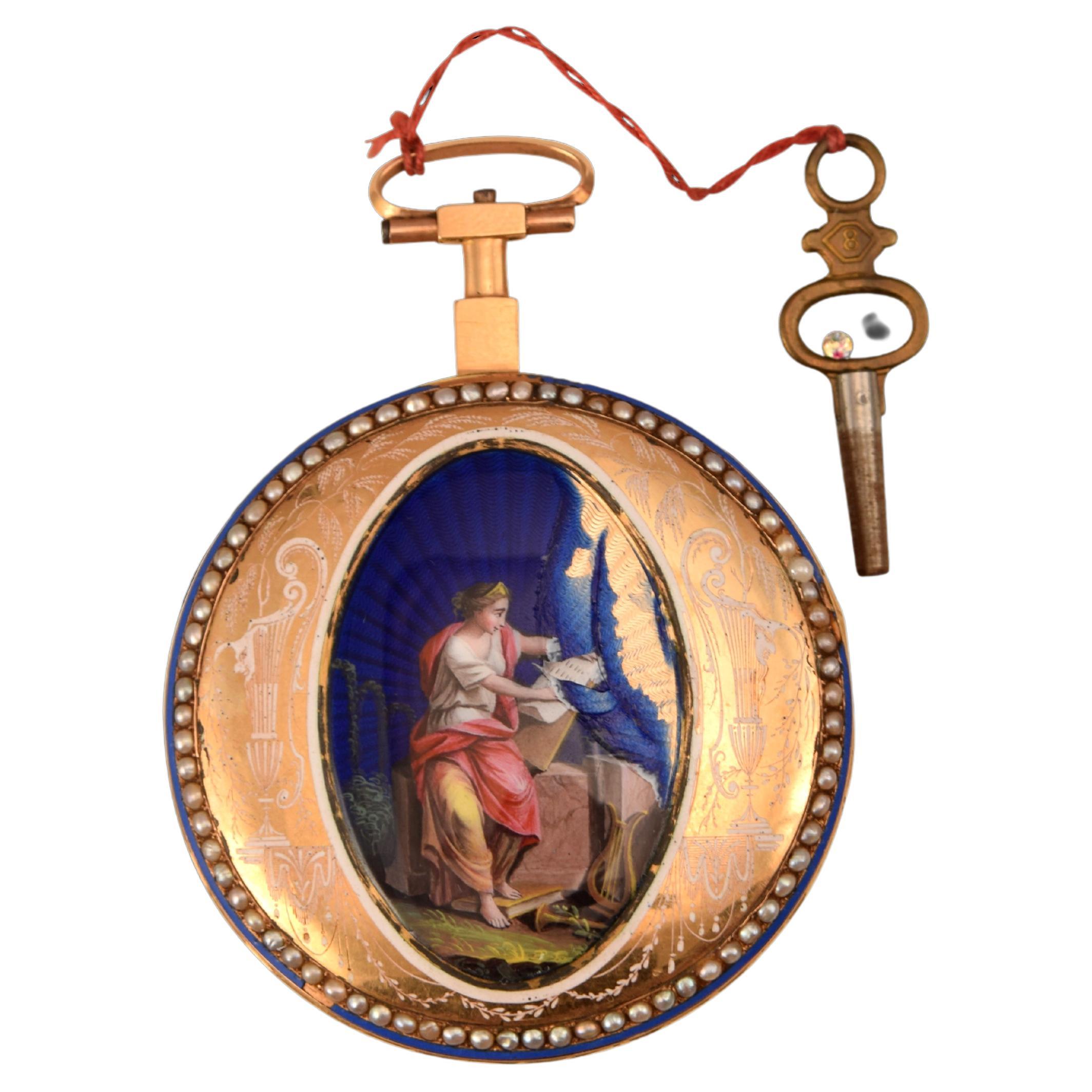 Taschenuhr, Gravur André Hessen. Gold, Emaille, Paris, Frankreich, ca. 18. Jahrhundert im Angebot
