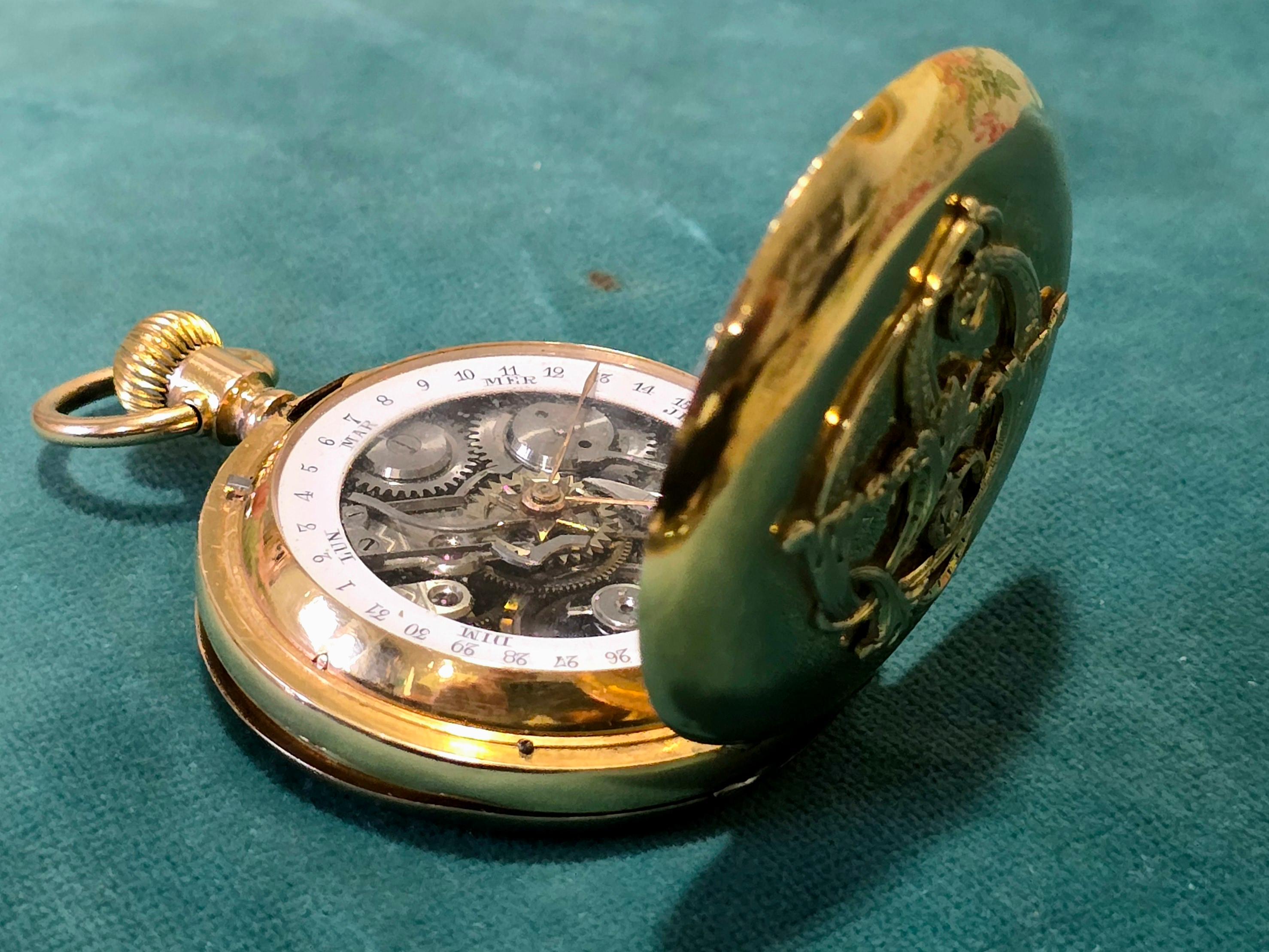 Taschenuhr aus 18 Karat Gold, datiert aus der Zeit um 1900 mit Kalender im Angebot 9