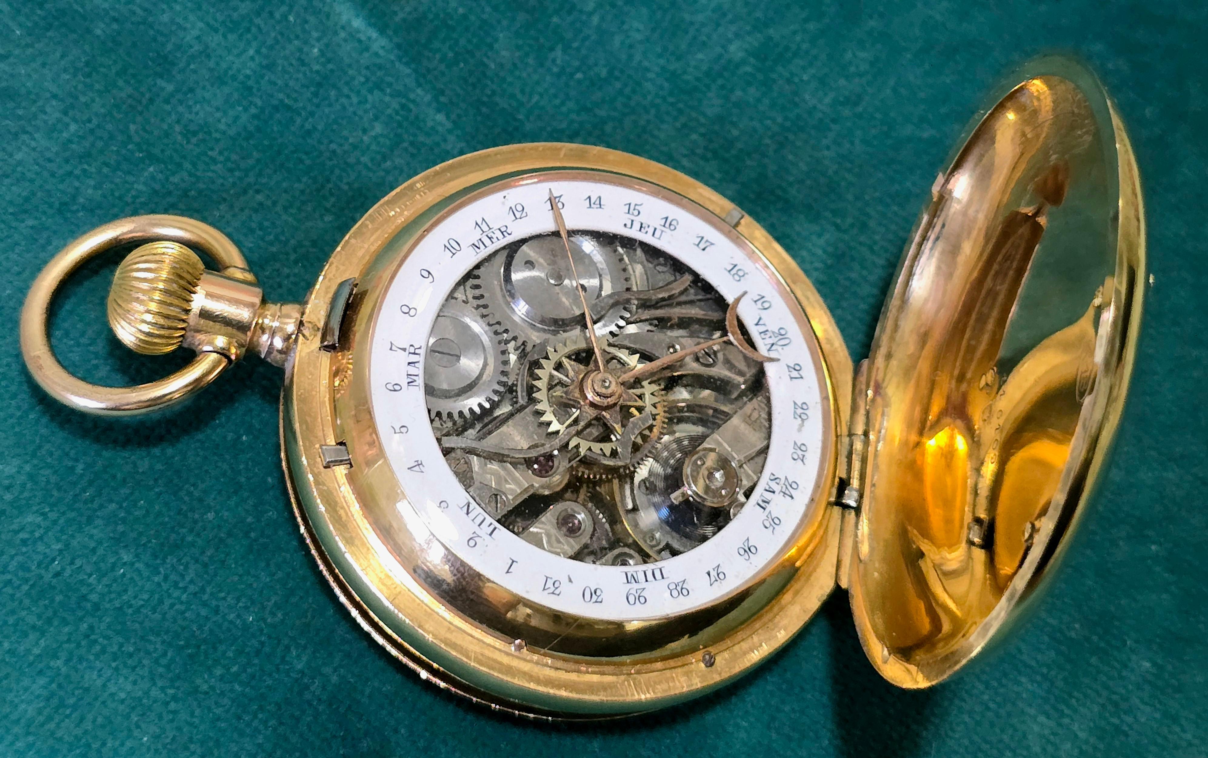 Taschenuhr aus 18 Karat Gold, datiert aus der Zeit um 1900 mit Kalender im Angebot 10