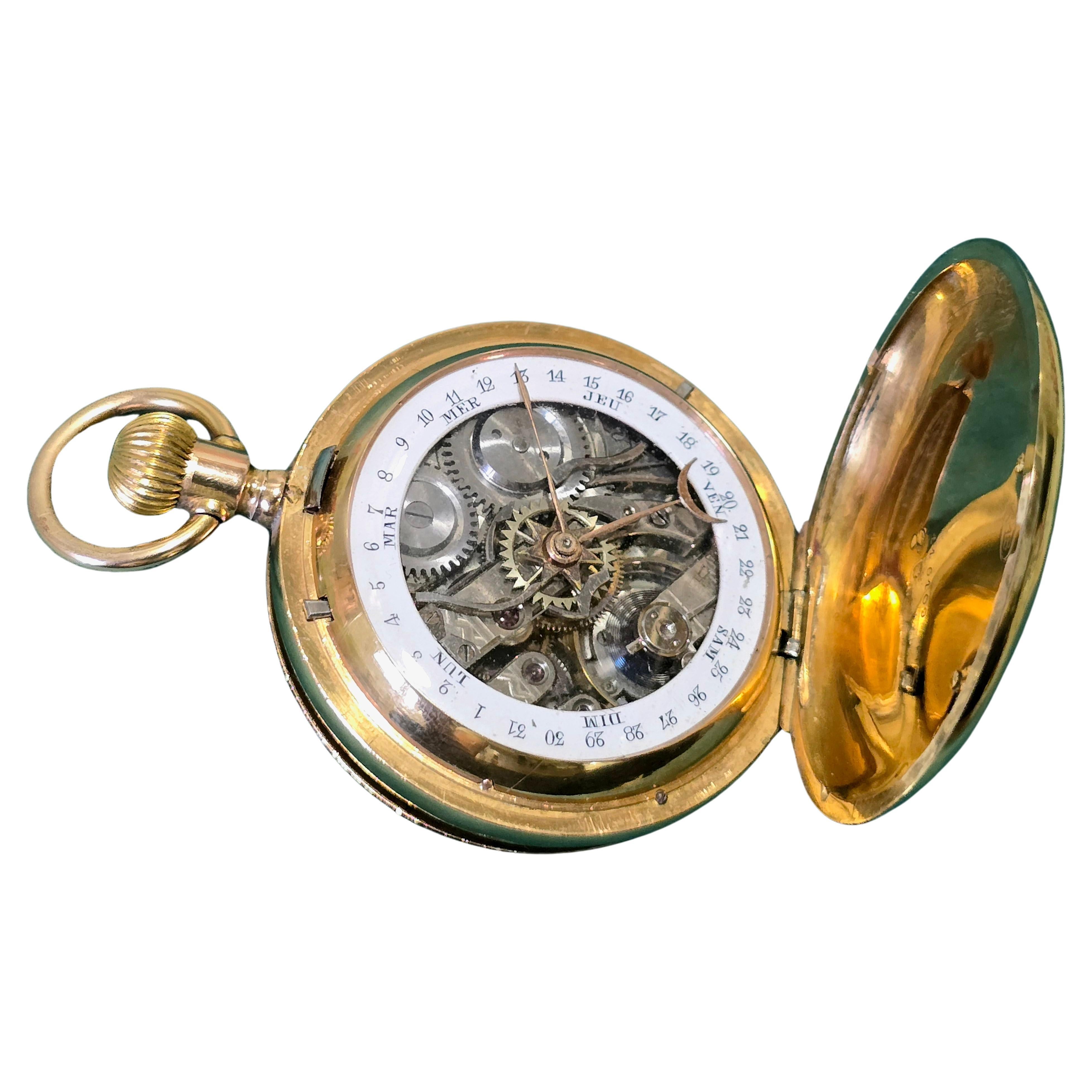 Taschenuhr aus 18 Karat Gold, datiert aus der Zeit um 1900 mit Kalender im Angebot