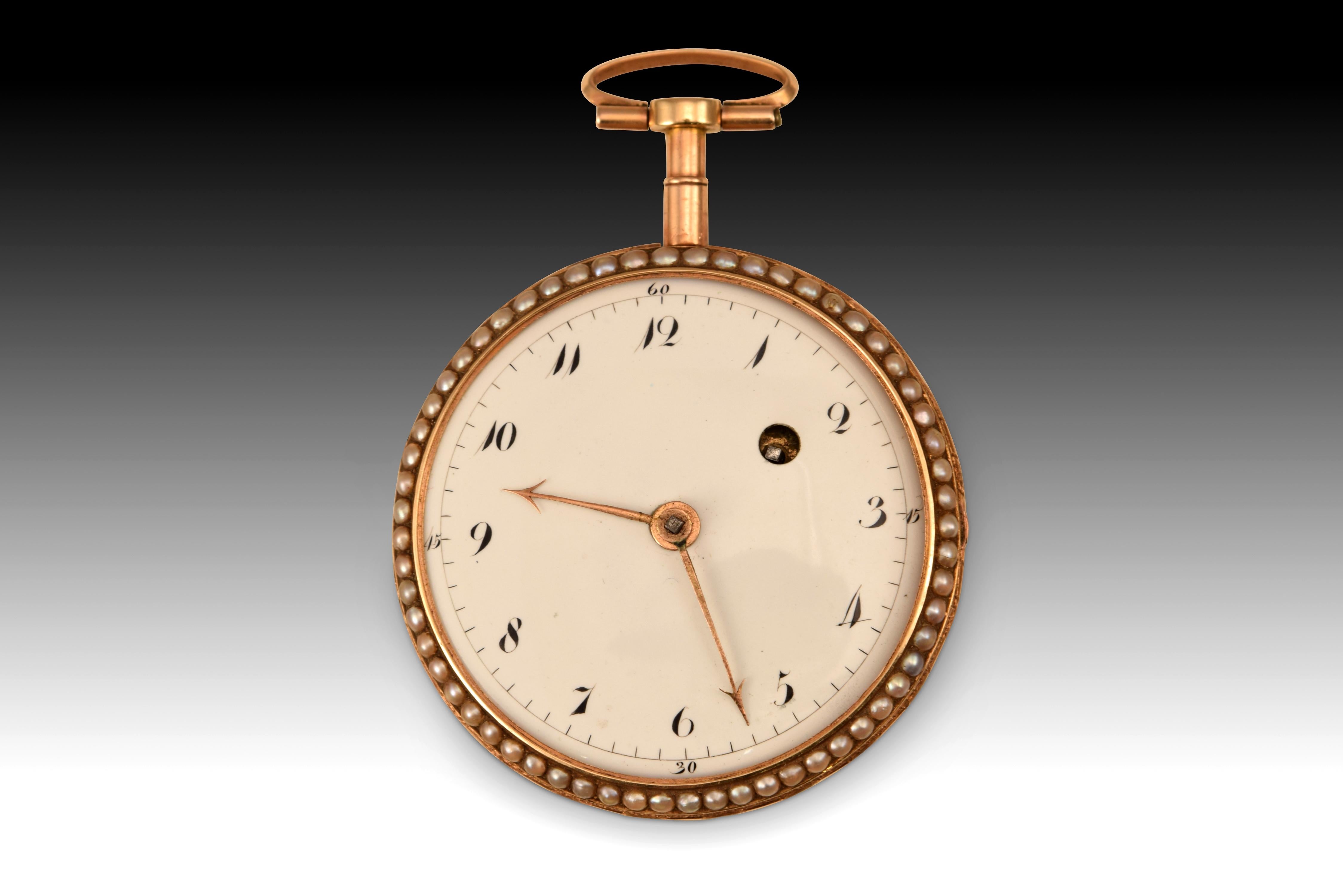 Pocket watch, Jaqs Blanc. gold, enamel, etc. Possibly towards the end of the 18th century. 
Pocket watch with a white dial and Arabic numerals for the hours and lines and Arabic numerals every fifteen units for the minutes with a decorated movement