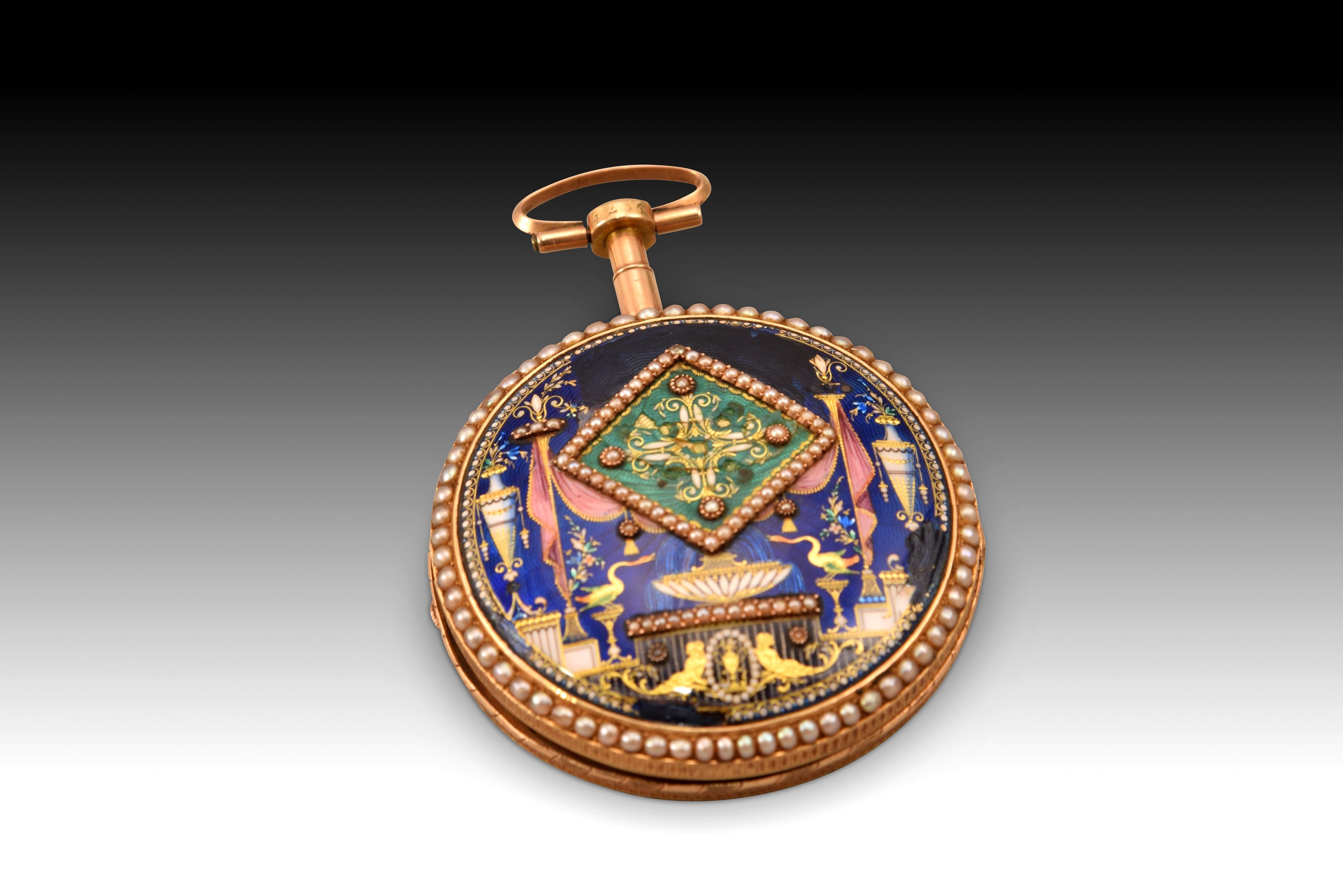 18th Century Pocket Watch, Jaqs Blanc, Gold, Enamel, Etc. Possibly ca Late 18th C For Sale