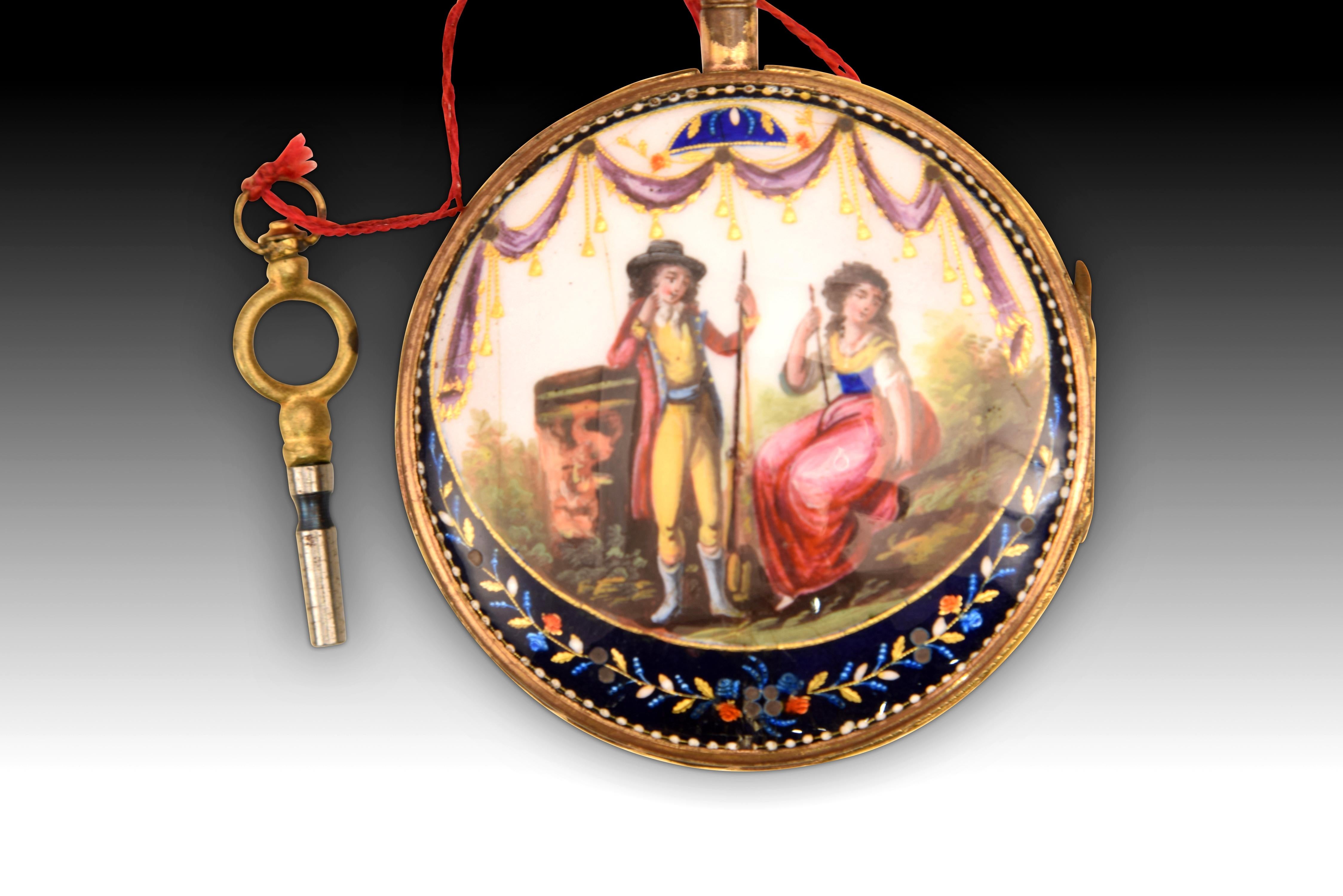 Neoclassical Pocket Watch, Lz Maurin, Gilded Metal, Enamels, Etc, 19th Century For Sale