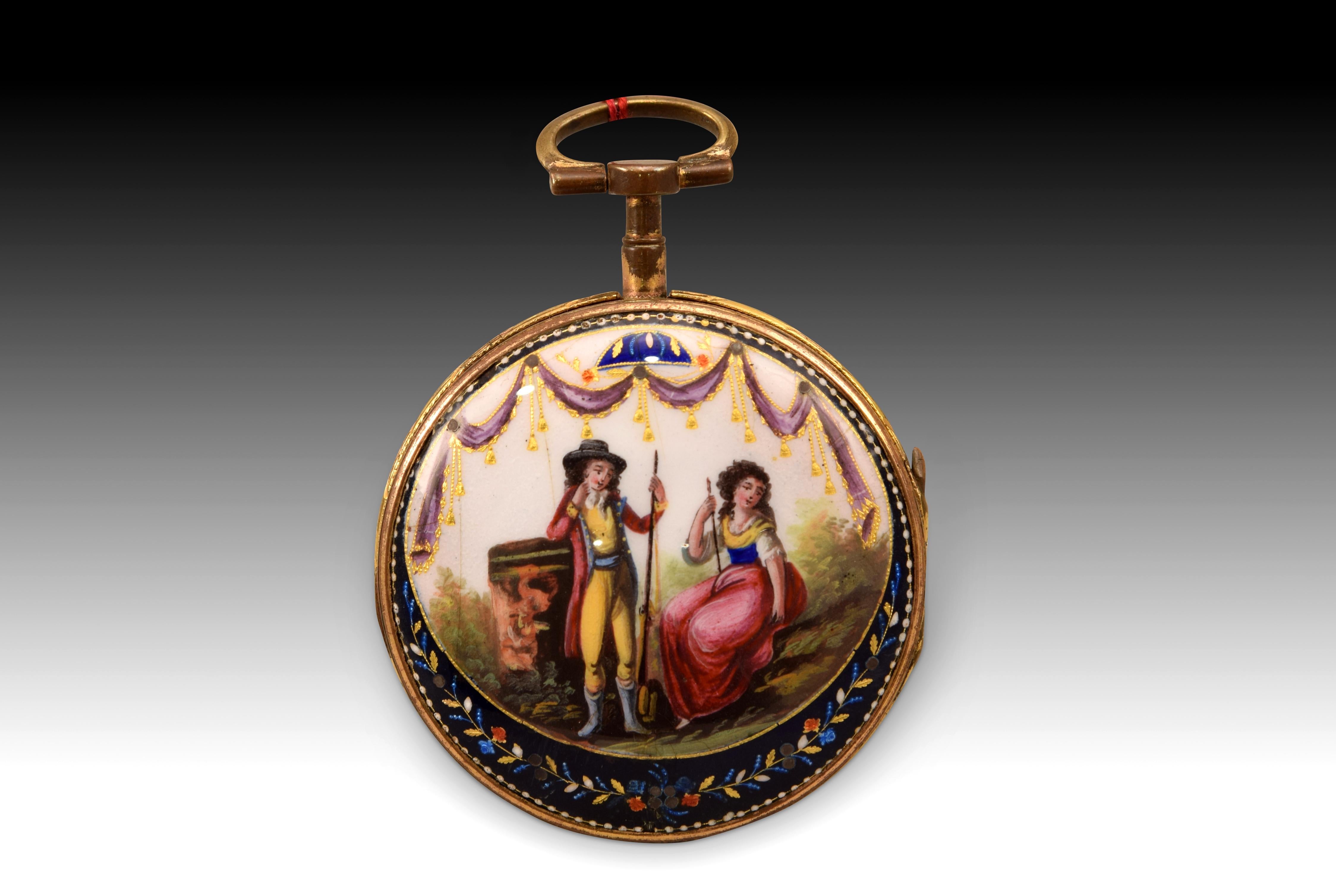 Pocket Watch, Lz Maurin, Gilded Metal, Enamels, Etc, 19th Century In Fair Condition For Sale In Madrid, ES