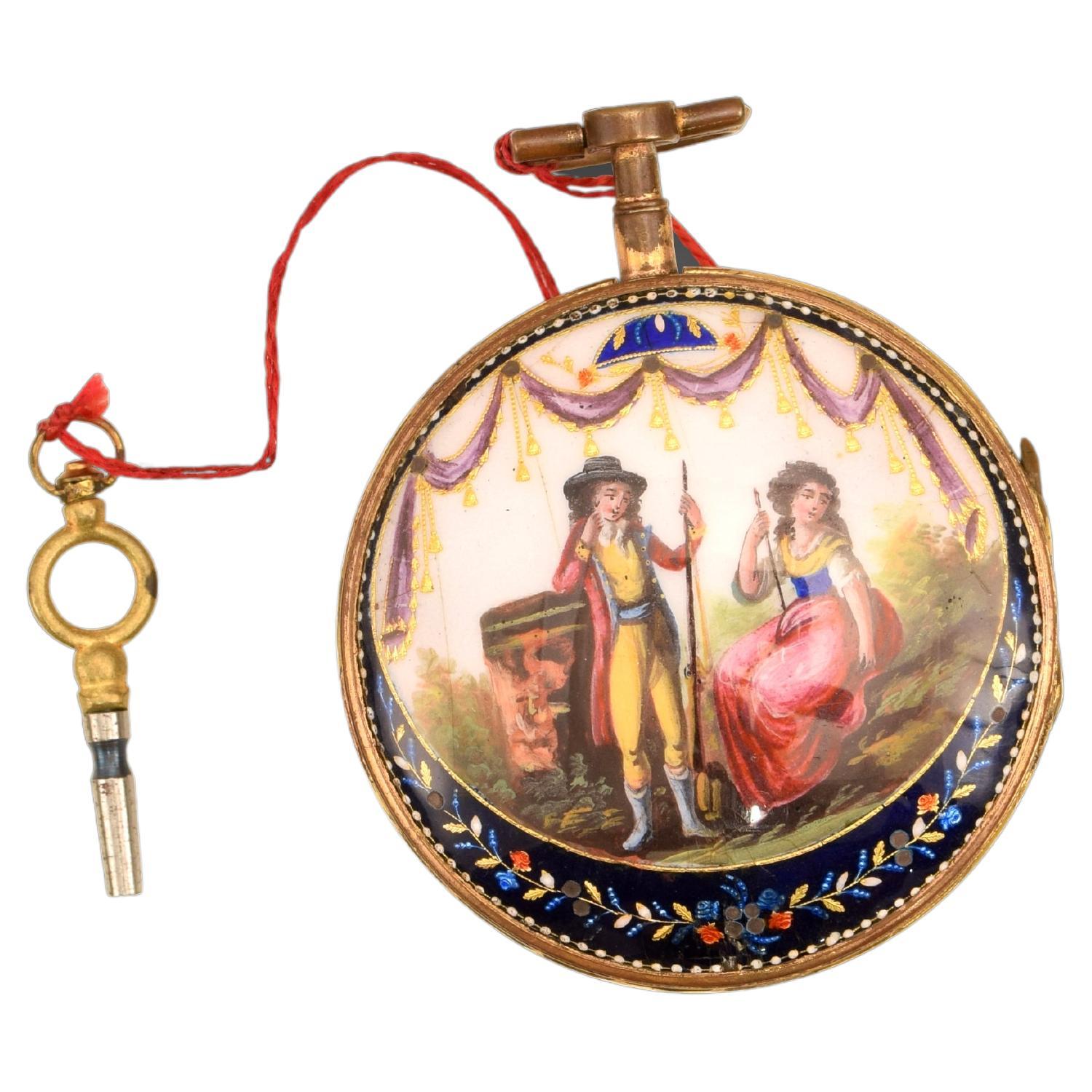 Pocket Watch, Lz Maurin, Gilded Metal, Enamels, Etc, 19th Century For Sale