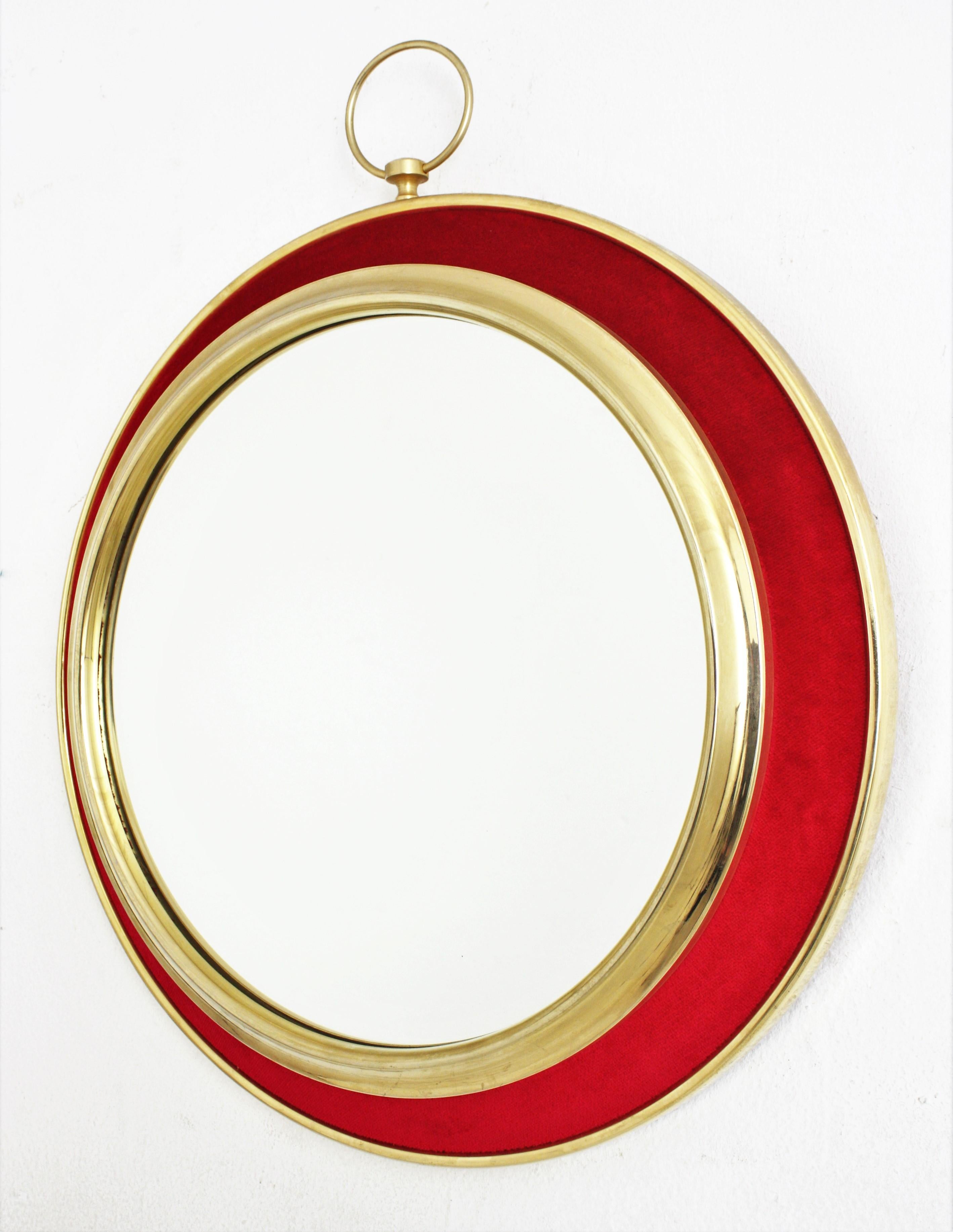 Red Velvet and Brass Wall Mirror, Piero Fornasetti Style For Sale 4