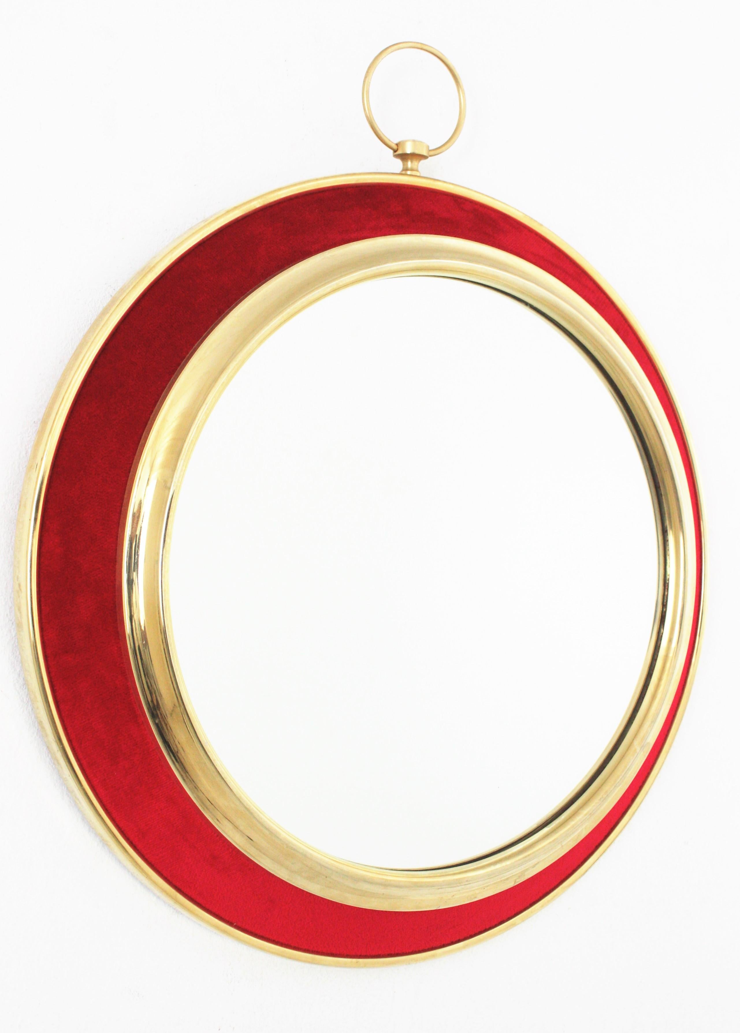 Mid-Century Modern Red Velvet and Brass Wall Mirror, Piero Fornasetti Style For Sale