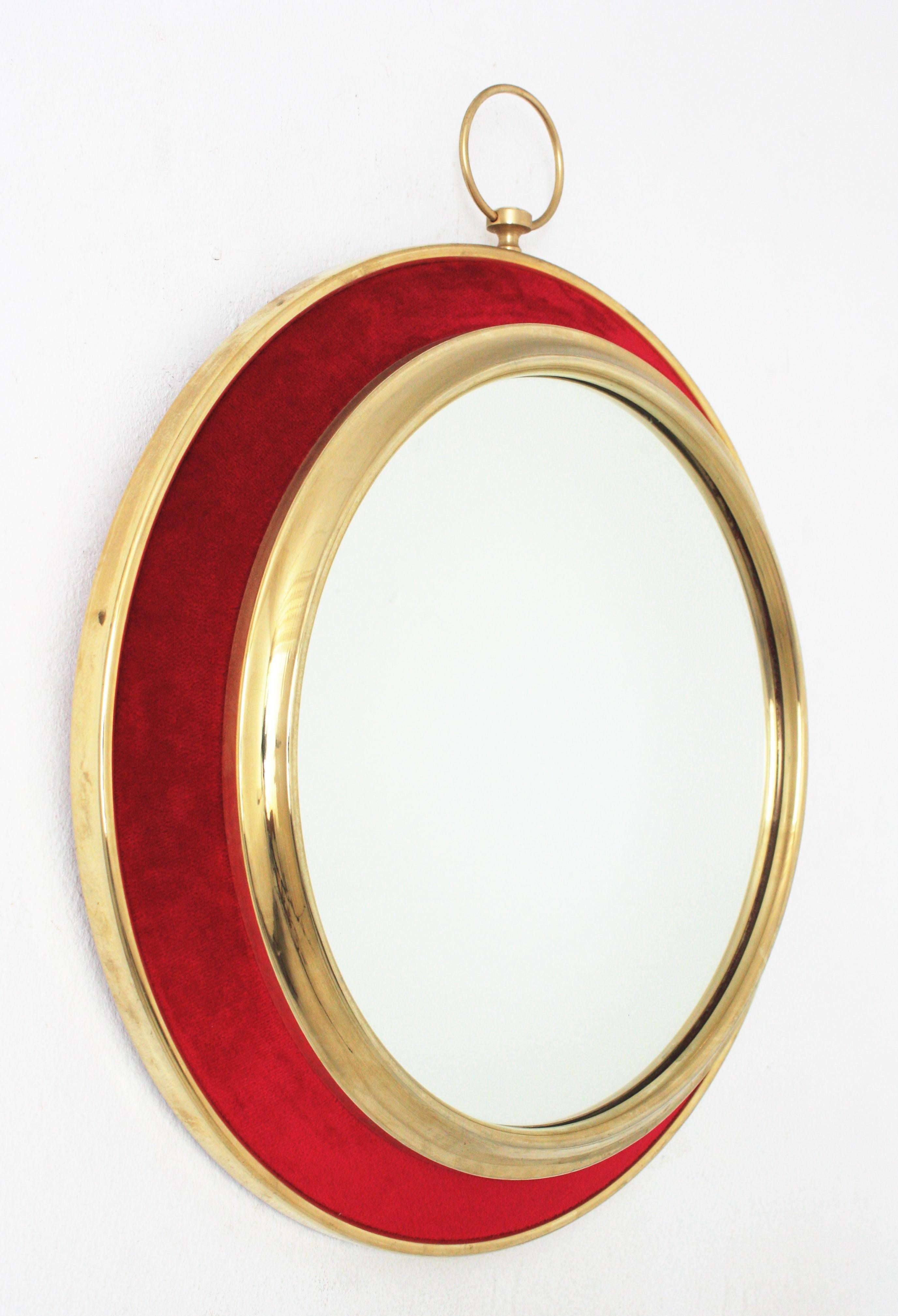 Spanish Red Velvet and Brass Wall Mirror, Piero Fornasetti Style For Sale