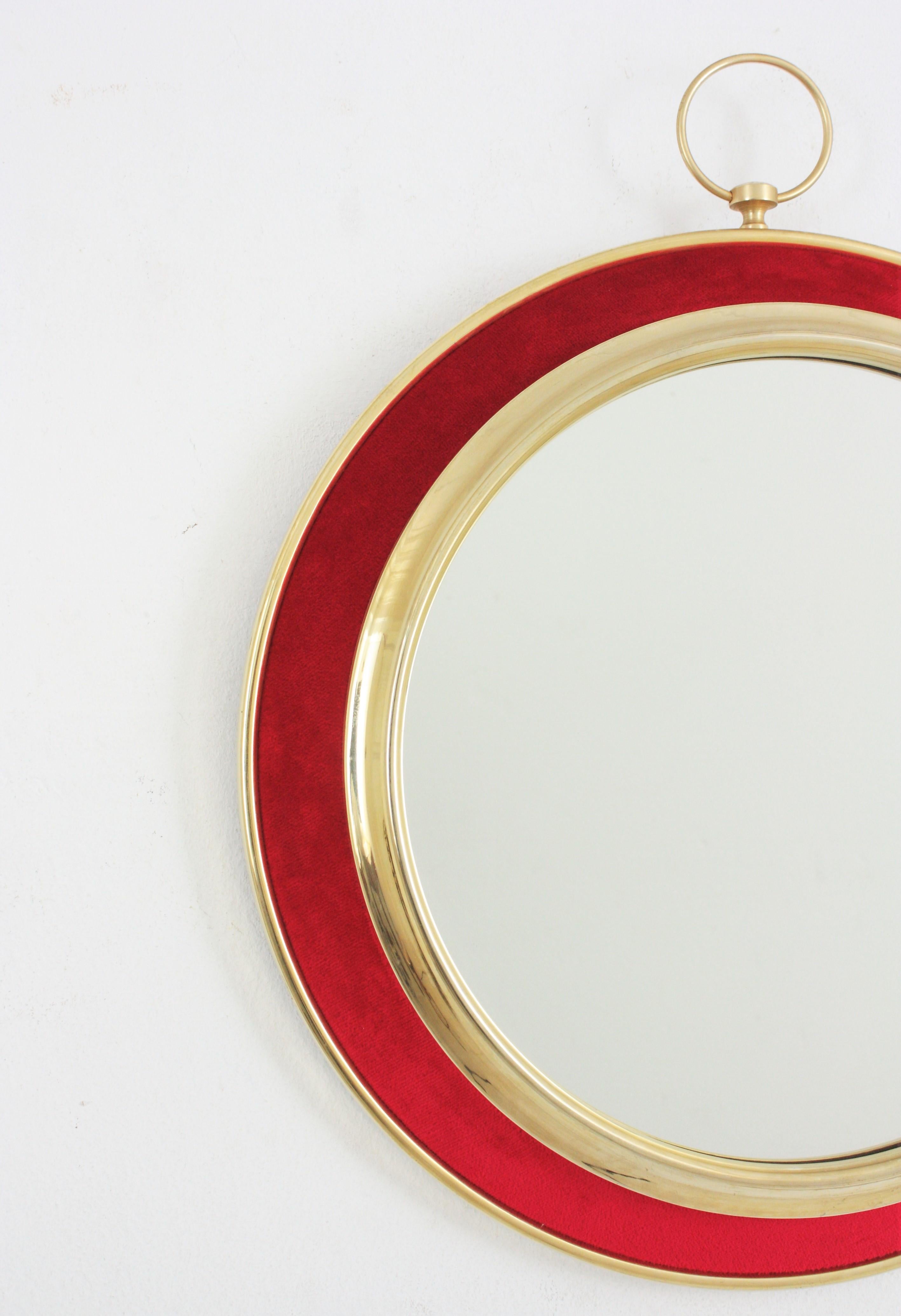 20th Century Red Velvet and Brass Wall Mirror, Piero Fornasetti Style For Sale