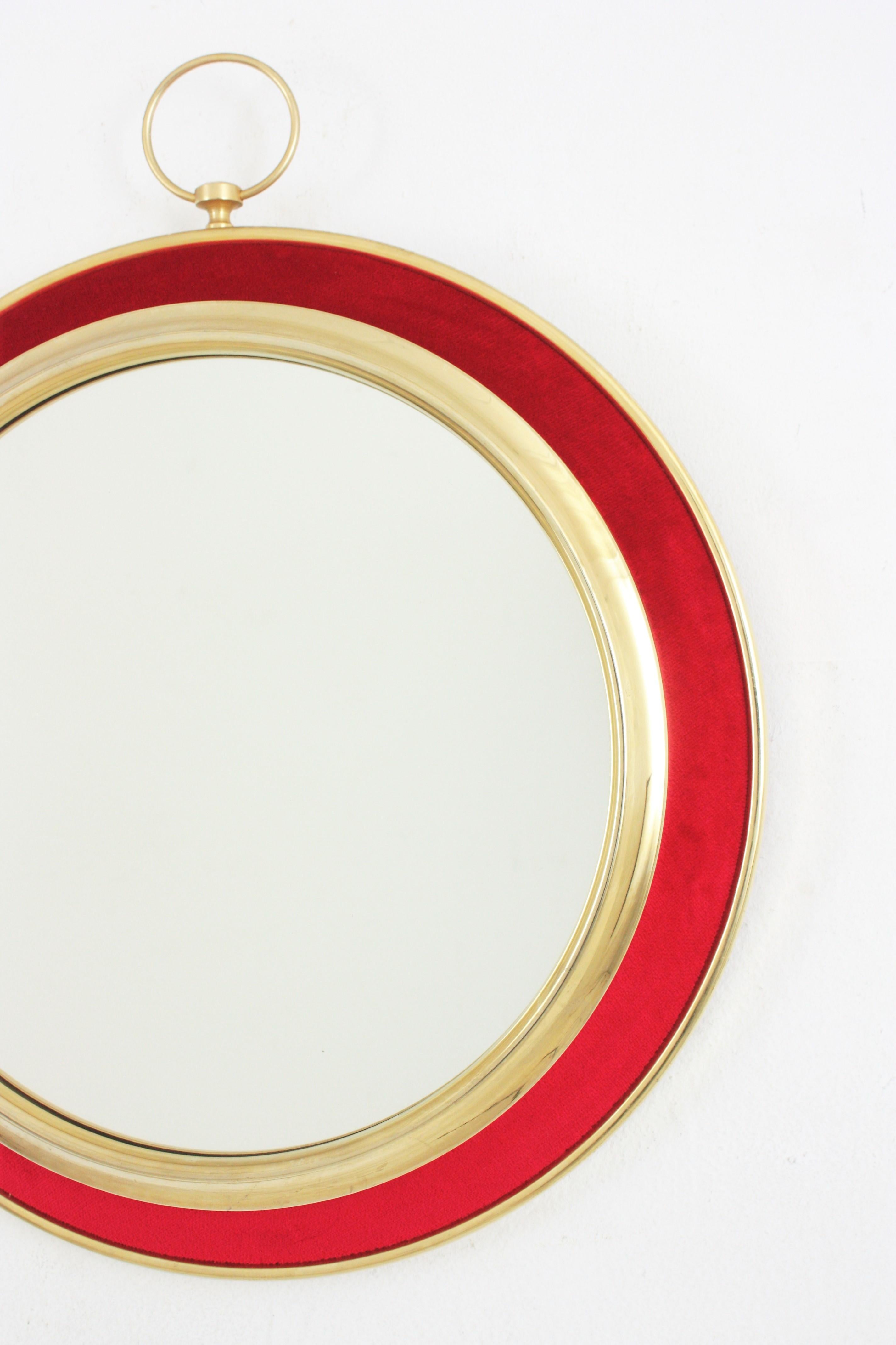 Red Velvet and Brass Wall Mirror, Piero Fornasetti Style For Sale 1
