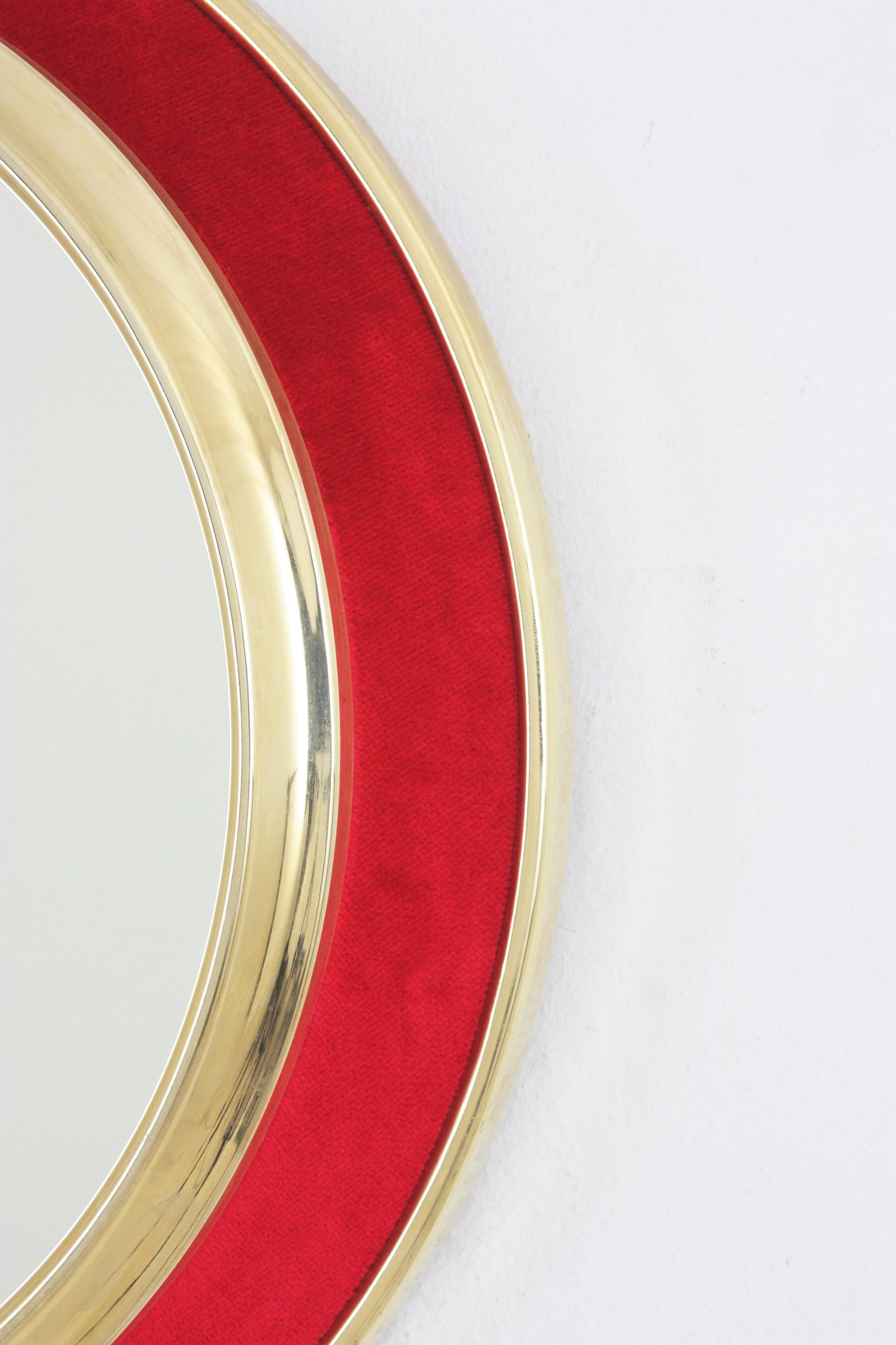 Red Velvet and Brass Wall Mirror, Piero Fornasetti Style For Sale 2