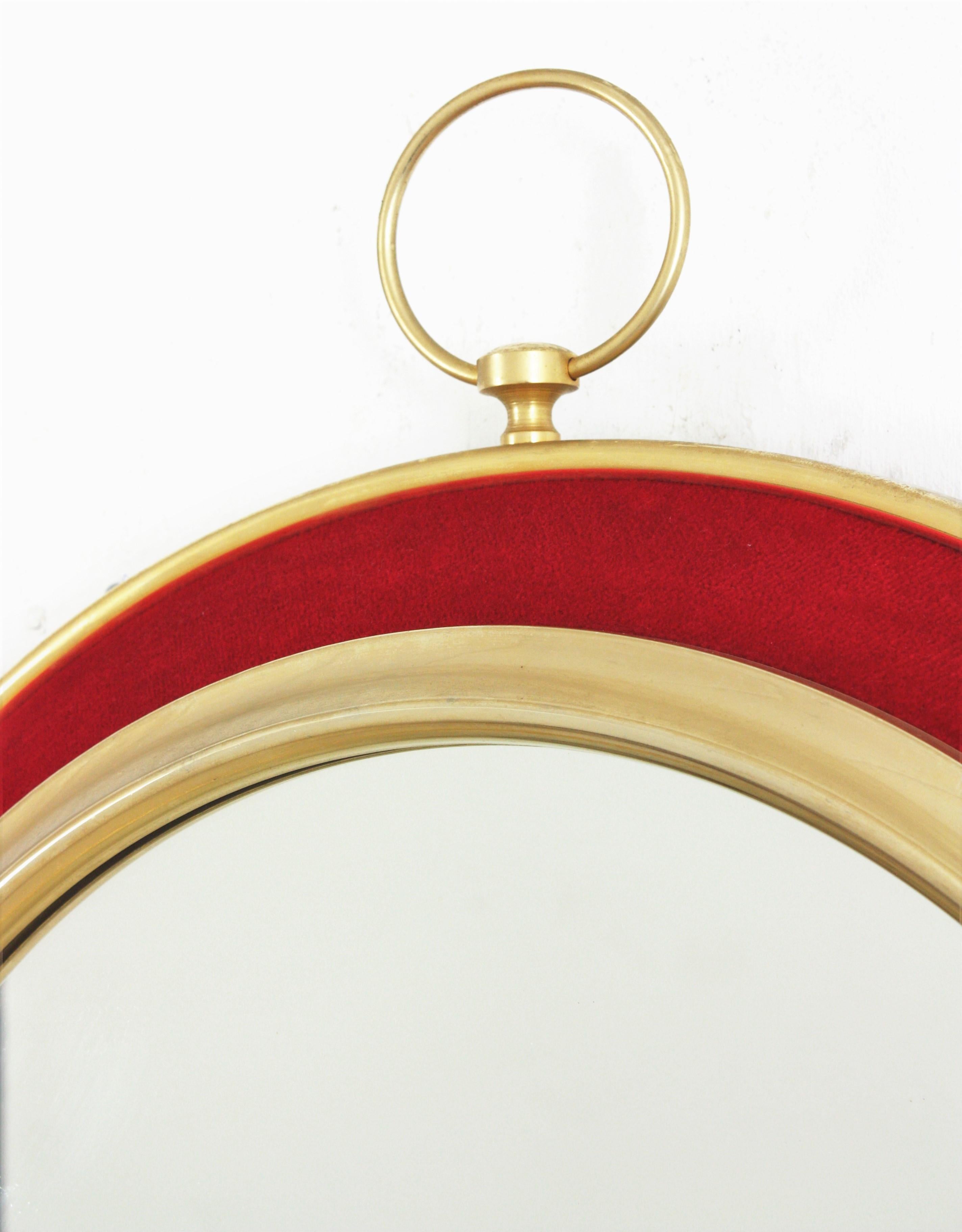 Red Velvet and Brass Wall Mirror, Piero Fornasetti Style For Sale 3