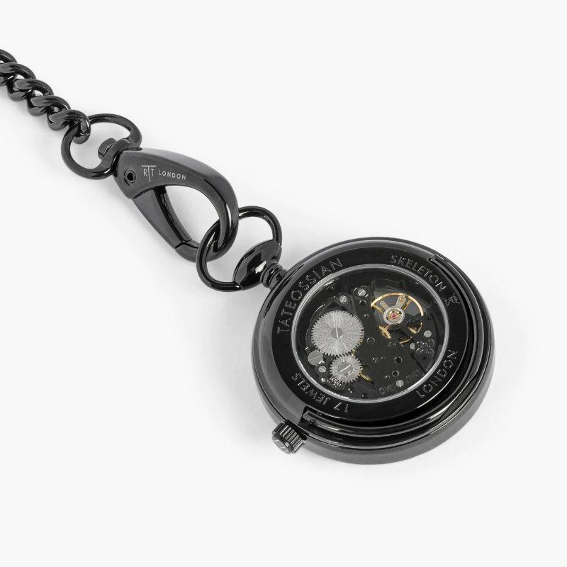 Pocket watch with black IP plating

The extraordinary skeleton movement and inner mechanisms are showcased through a highly-polished glass case featuring 17 intricately placed jewels and made from brass with IP black coating. A built in safety