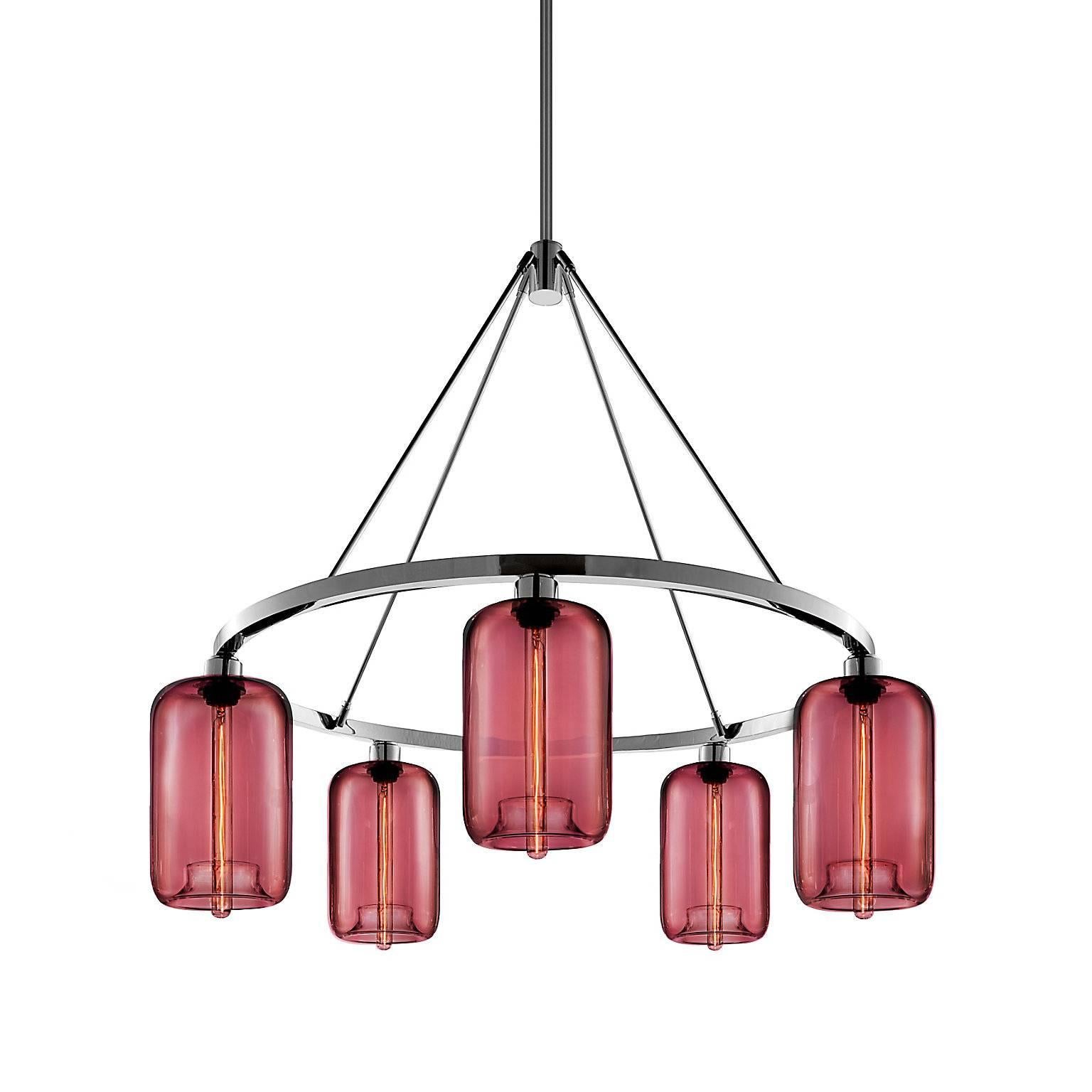 Pod Crystal Handblown Modern Glass Polished Nickel Chandelier Light In New Condition For Sale In Beacon, NY