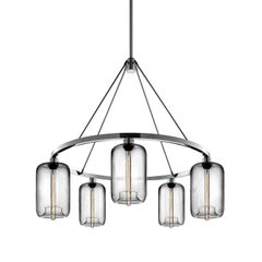 Pod Graue mundgeblasene moderne Glas-Kronleuchterleuchte aus poliertem Nickel, hergestellt in den USA