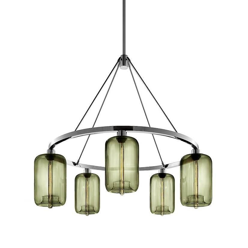 Pod Plum Handblown Modern Glass Polished Nickel Chandelier Light, Made in the US For Sale 1