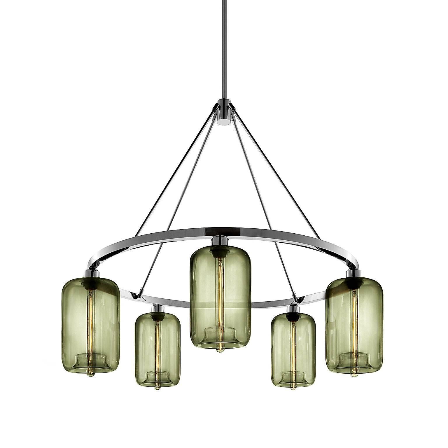 A statement piece designed to attract attention to the brilliant Pod pendant, this chandelier captivates as it suspends elegant hand-blown shades. Every single glass light that comes from Niche is handblown by real human beings in a state-of-the-art