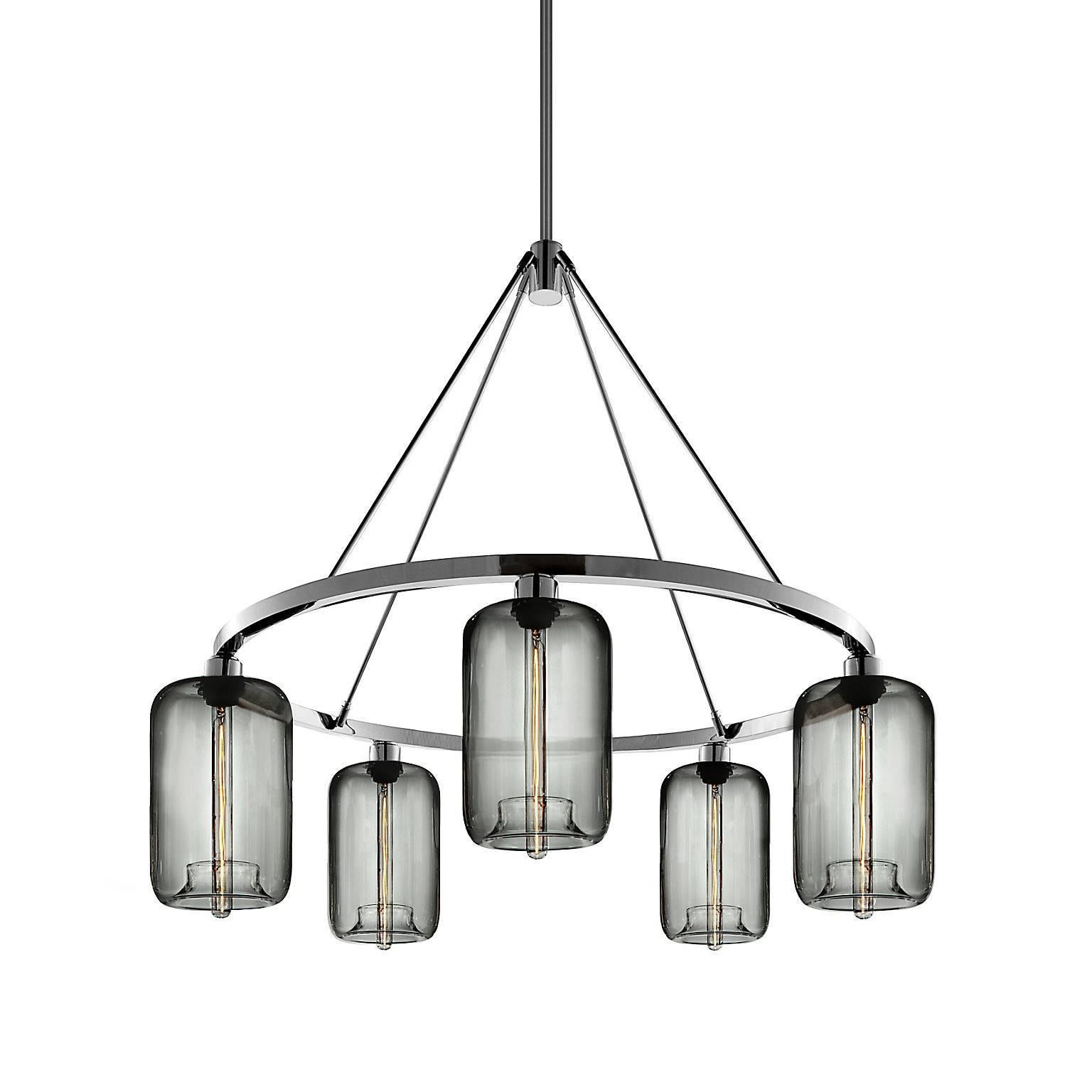 Pod Sapphire Handblown Modern Glass Polished Nickel Chandelier Light In New Condition For Sale In Beacon, NY