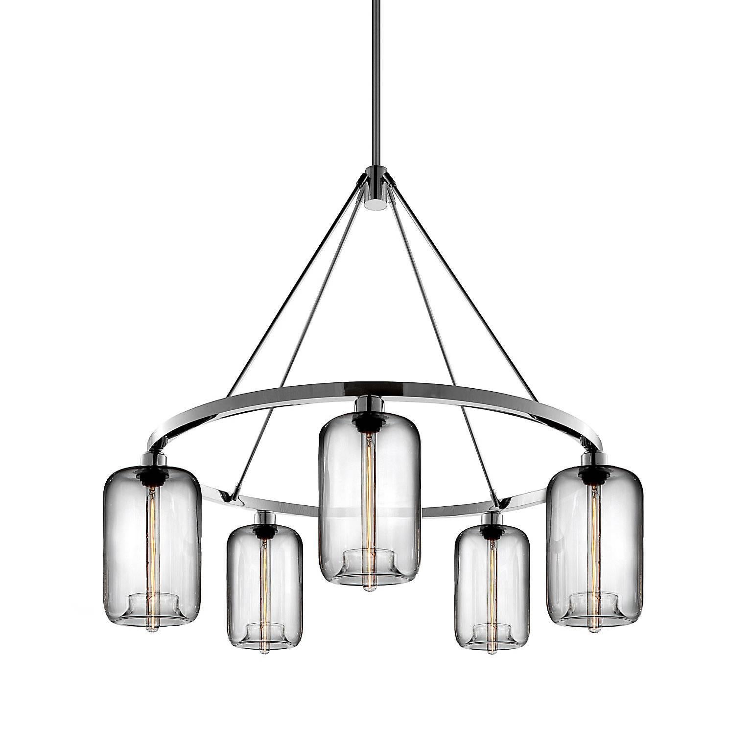 Contemporary Pod Sapphire Handblown Modern Glass Polished Nickel Chandelier Light For Sale