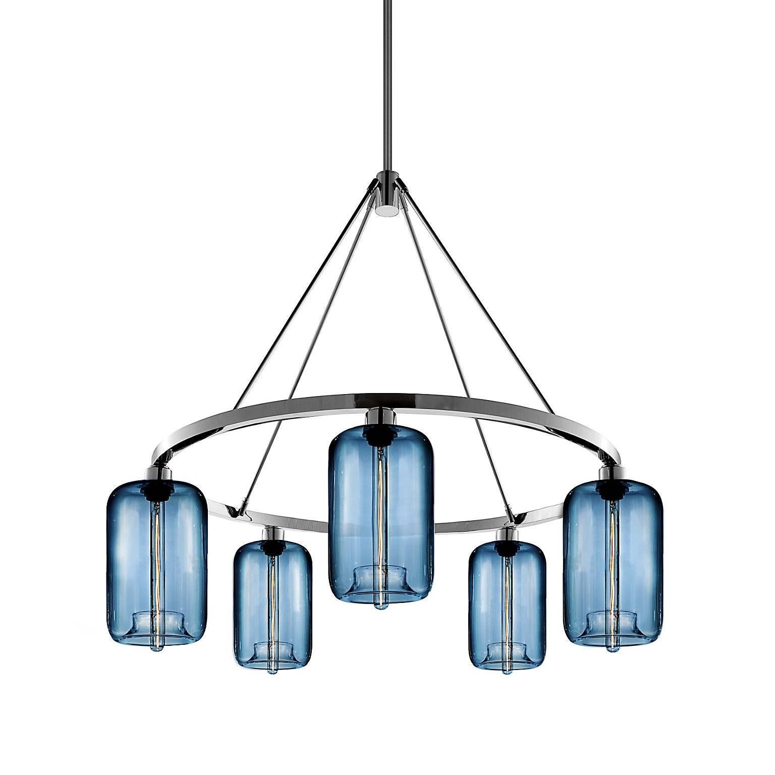 Pod Sapphire Handblown Modern Glass Polished Nickel Chandelier Light