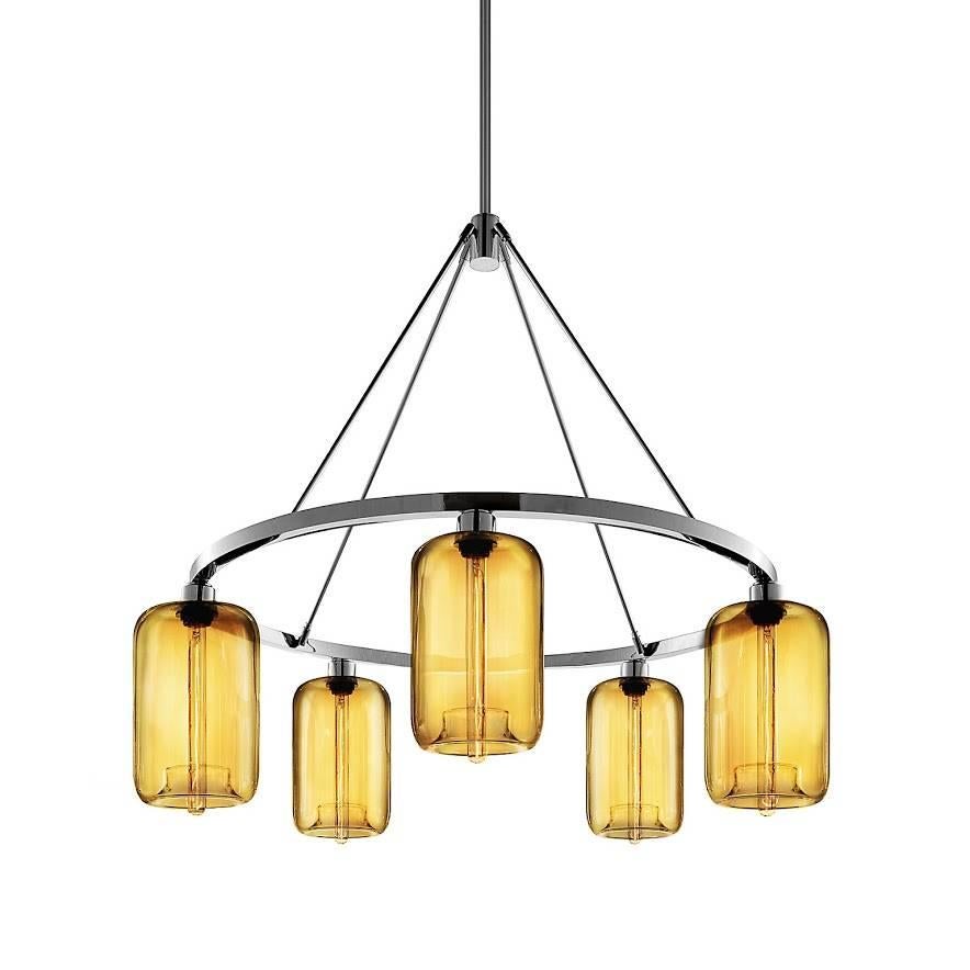 American Pod Smoke Handblown Modern Glass Polished Nickel Chandelier Light, Made in USA For Sale