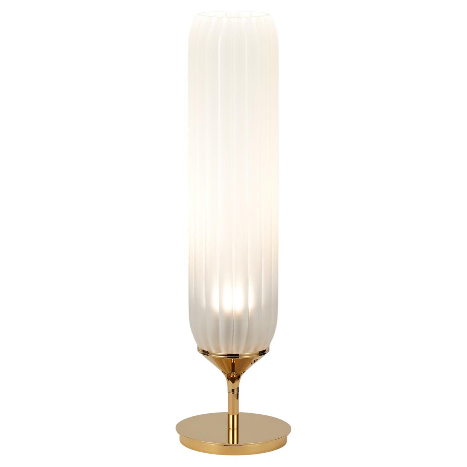 Pod Table Light in Polished Gold with Frosted Glass Diffuser For Sale