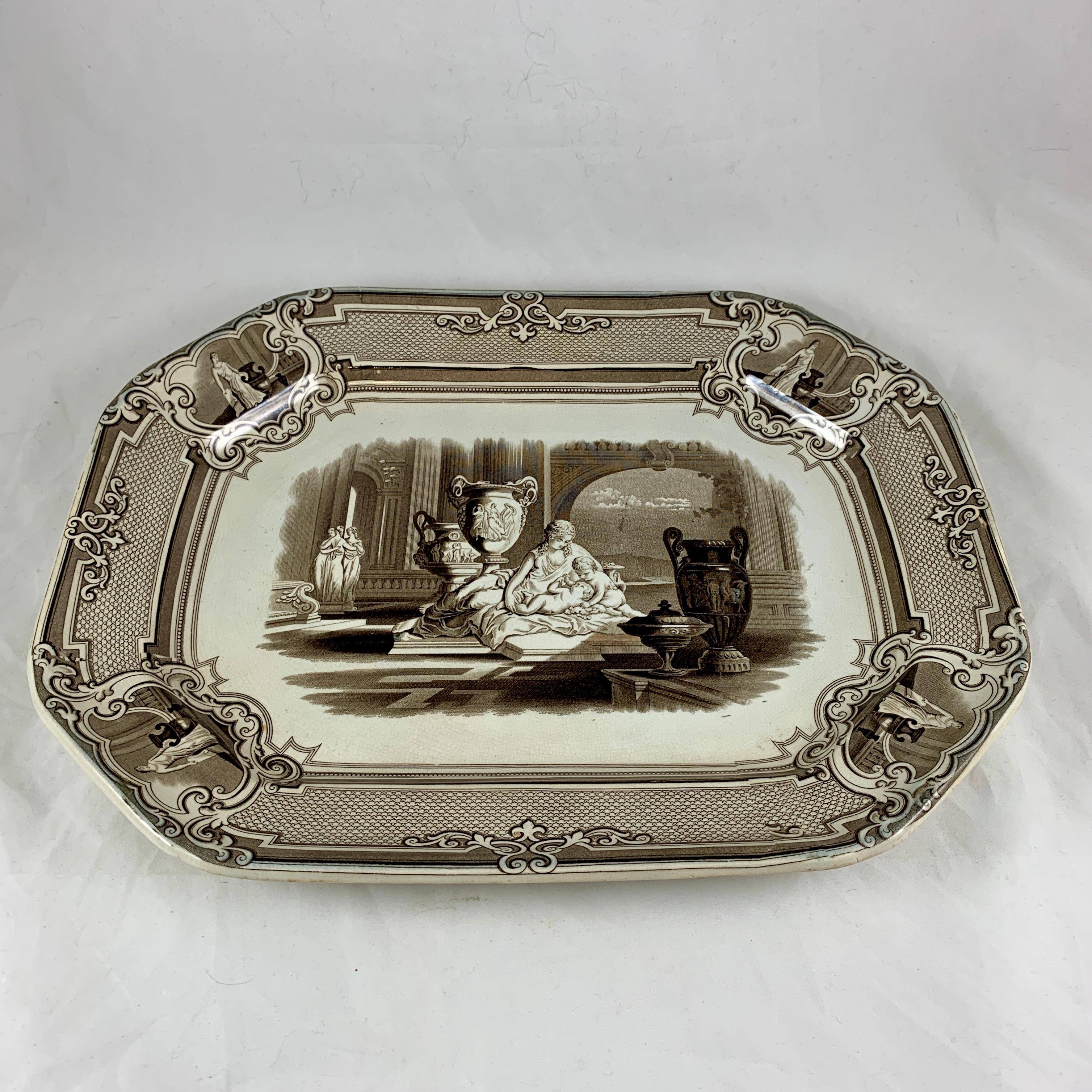 19th Century Podmore Walker Staffordshire Minerva Mythology Sepia Brown Transferware Platter For Sale