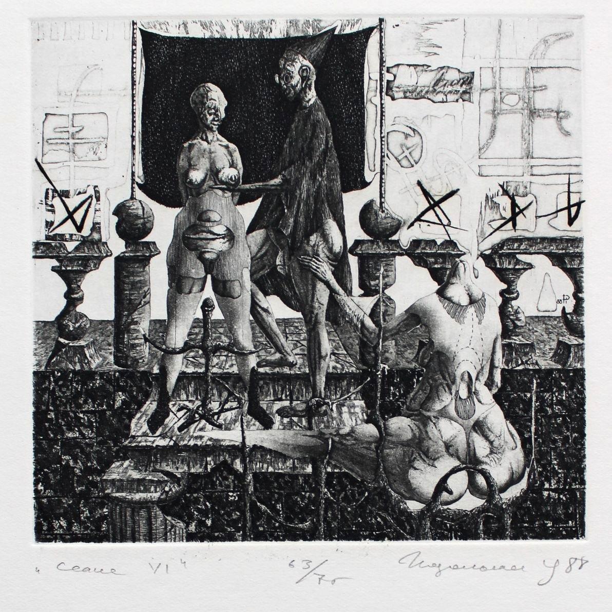 Sesión VI, papel/grabado, 63/75, 11x12 cm, 1988 - Print de Podolczak Igor