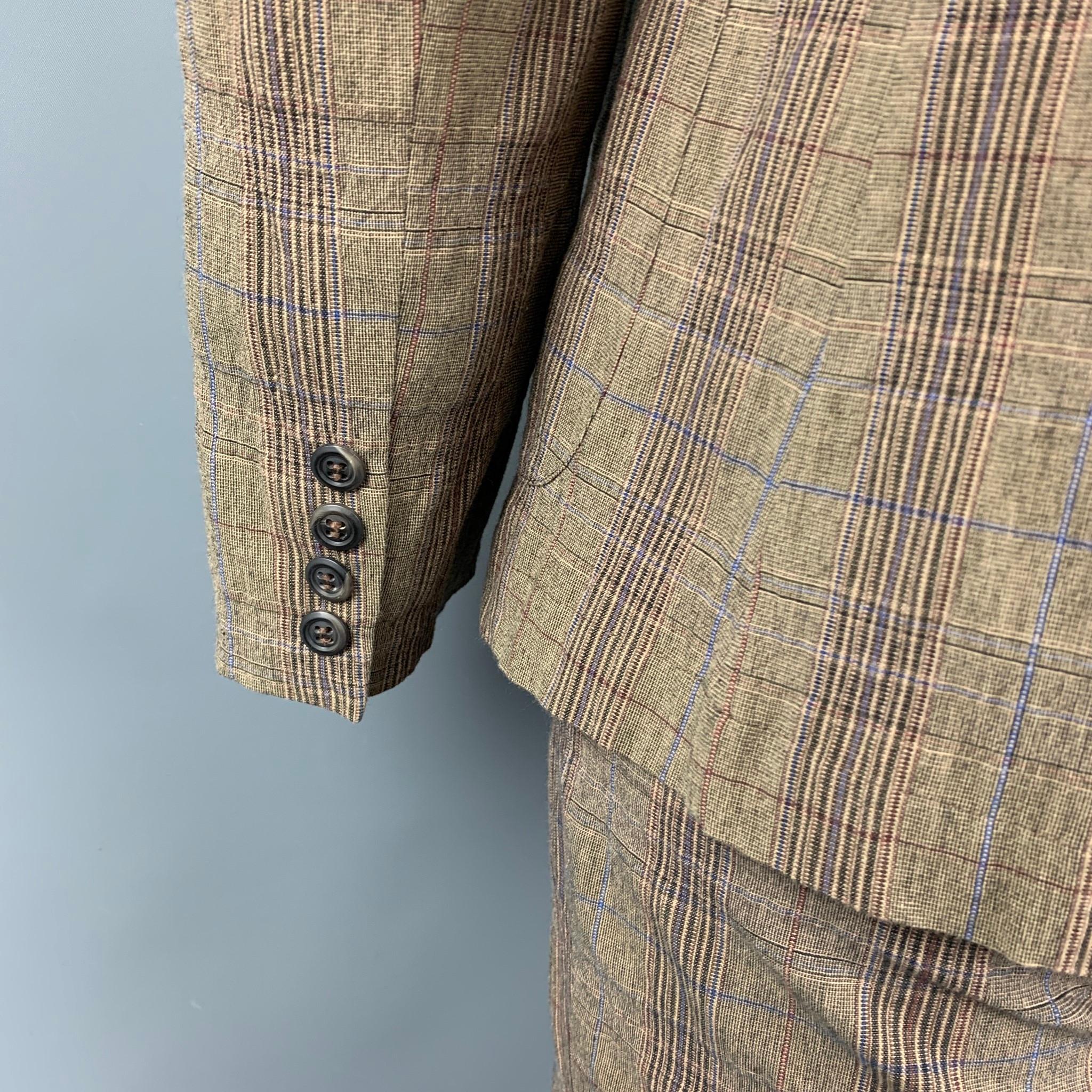 PODOLL Size M Brown Plaid Cotton Blend Peak Lapel Suit In Good Condition In San Francisco, CA