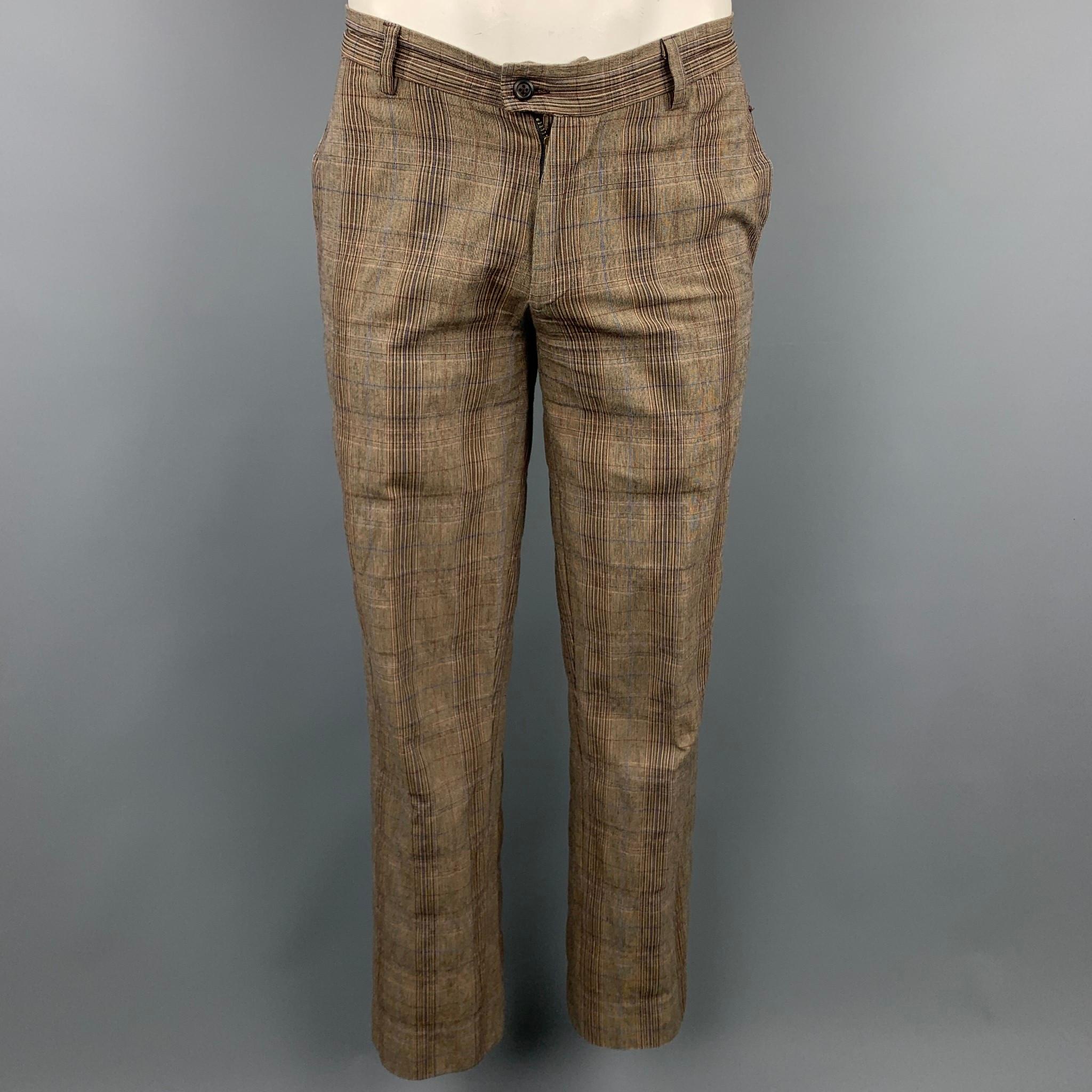 Men's PODOLL Size M Brown Plaid Cotton Blend Peak Lapel Suit