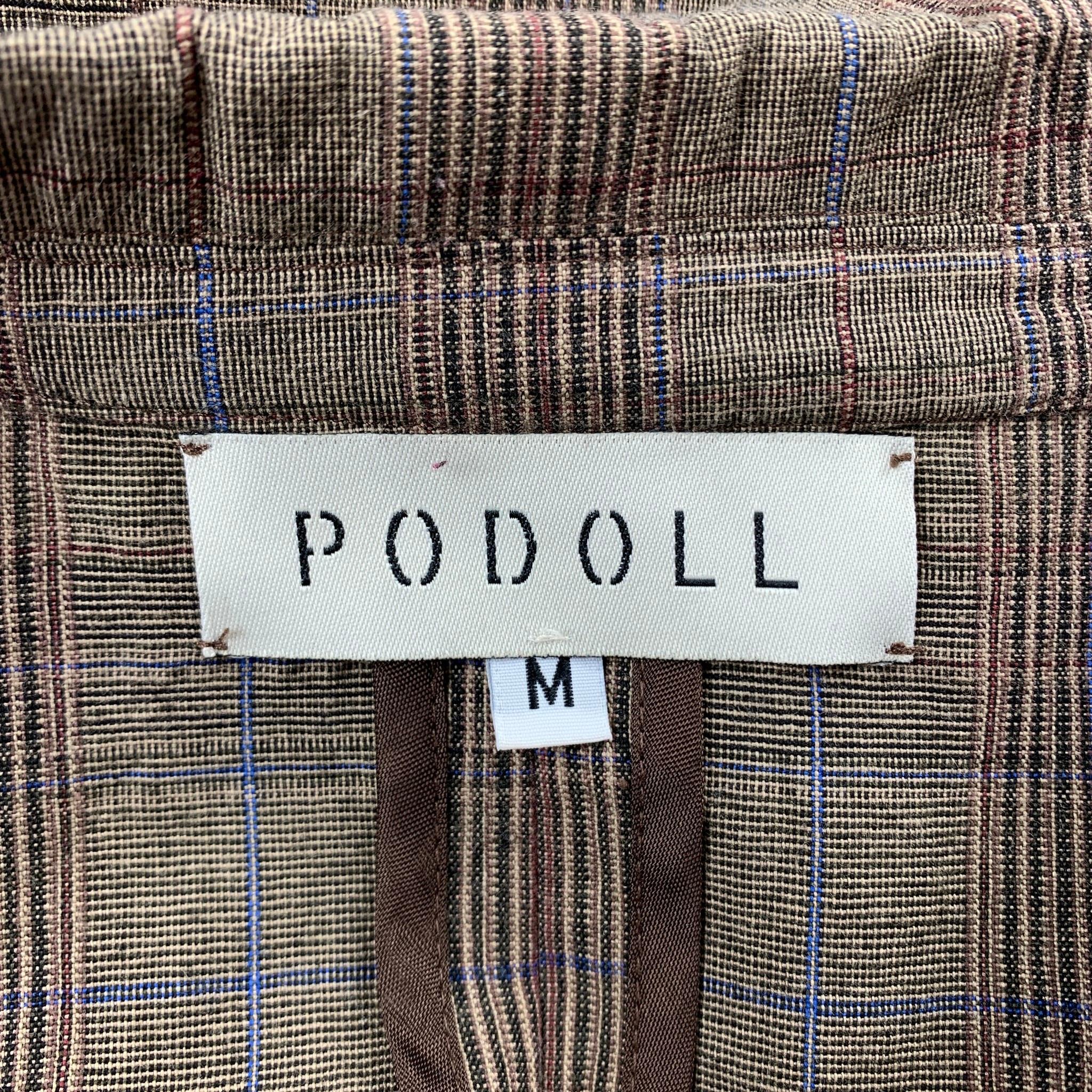 PODOLL Size M Brown Plaid Cotton Blend Peak Lapel Suit 1