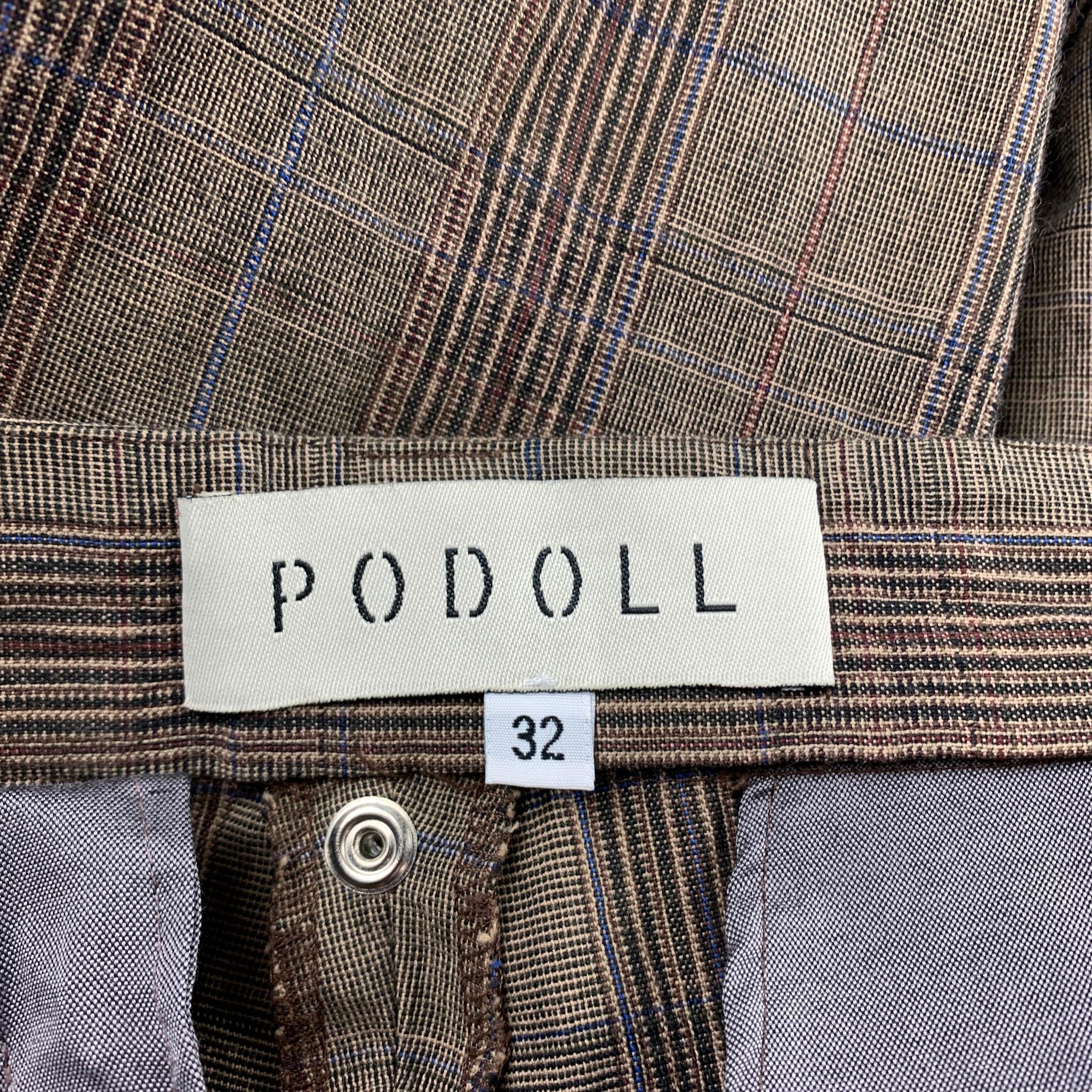 PODOLL Size M Brown Plaid Cotton Blend Peak Lapel Suit 2
