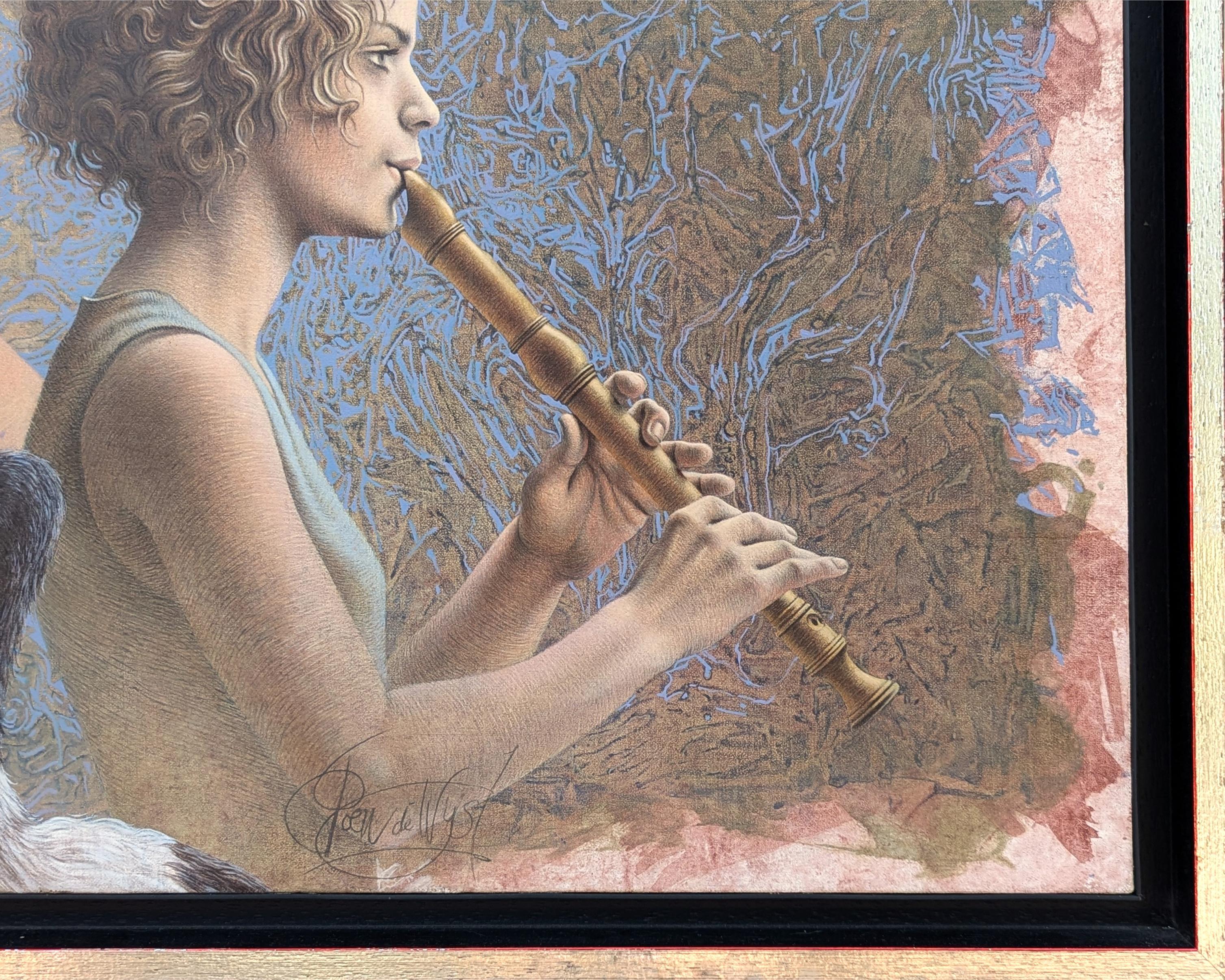 Pintura realista naturalista de la artista holandesa moderna Poen de Wijs. La obra muestra a una mujer tocando la flauta delante de una mujer con el pelo recogido sobre un fondo abstracto. En primer plano hay una cigüeña de pico alargado