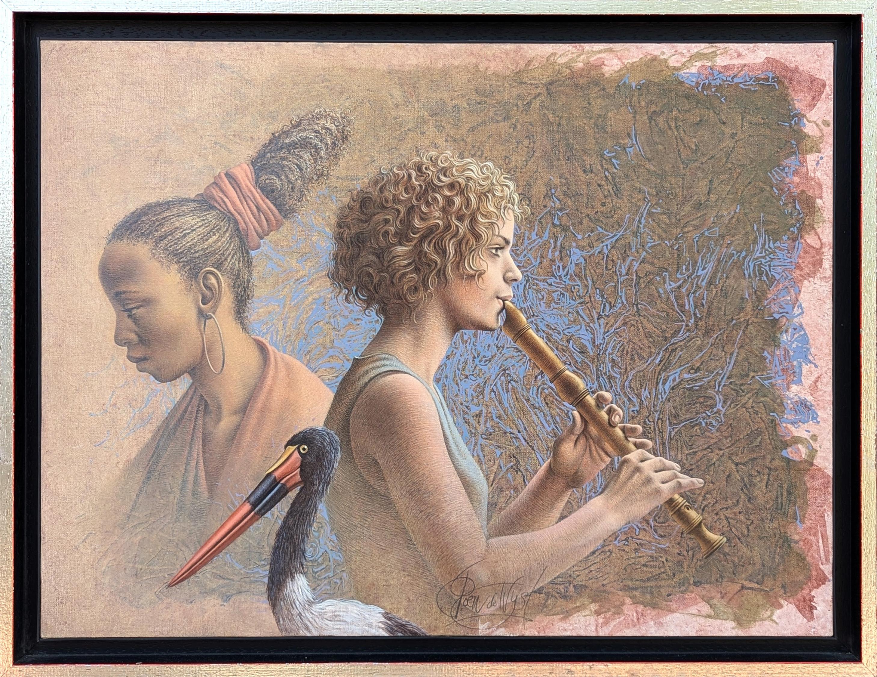 Figurative Painting de Poen de Wijs - "Tripelconcert" Pintura realista de dos mujeres con una flauta y una cigüeña alpina