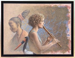 "Tripelconcert" Realist Painting of Two Women with a Flute & Saddlebill Stork