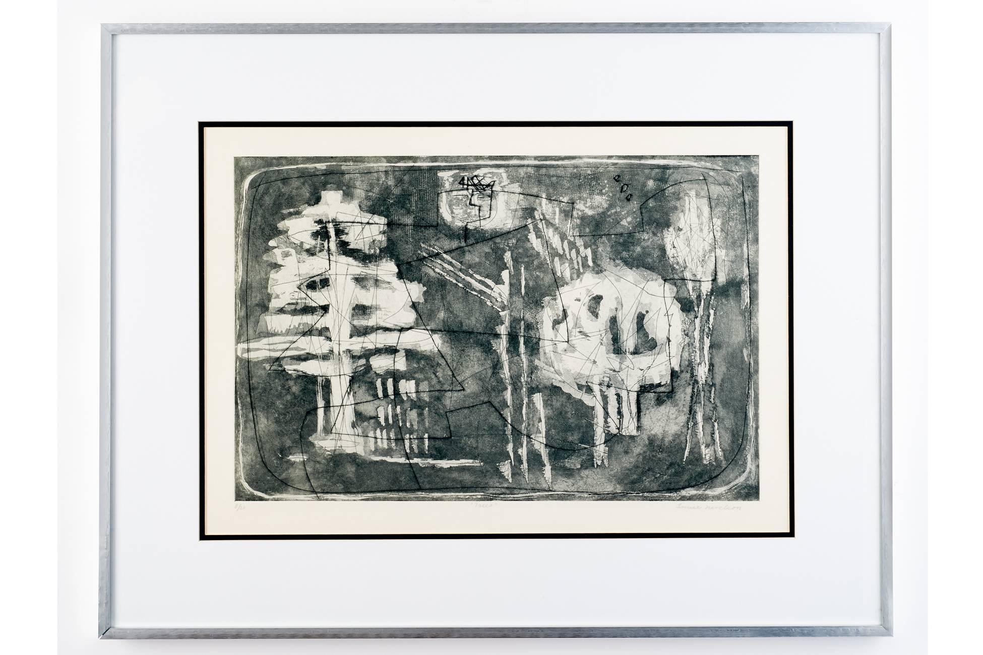 Louise Nevelson (1899 – 1988)

A beautiful and poetic black, white, and grey etching with aquatint by Louise Nevelson. Beloved for her monochromatic wood wall assemblages, Nevelson actively pursued printmaking in the 1950's and 60's during a period