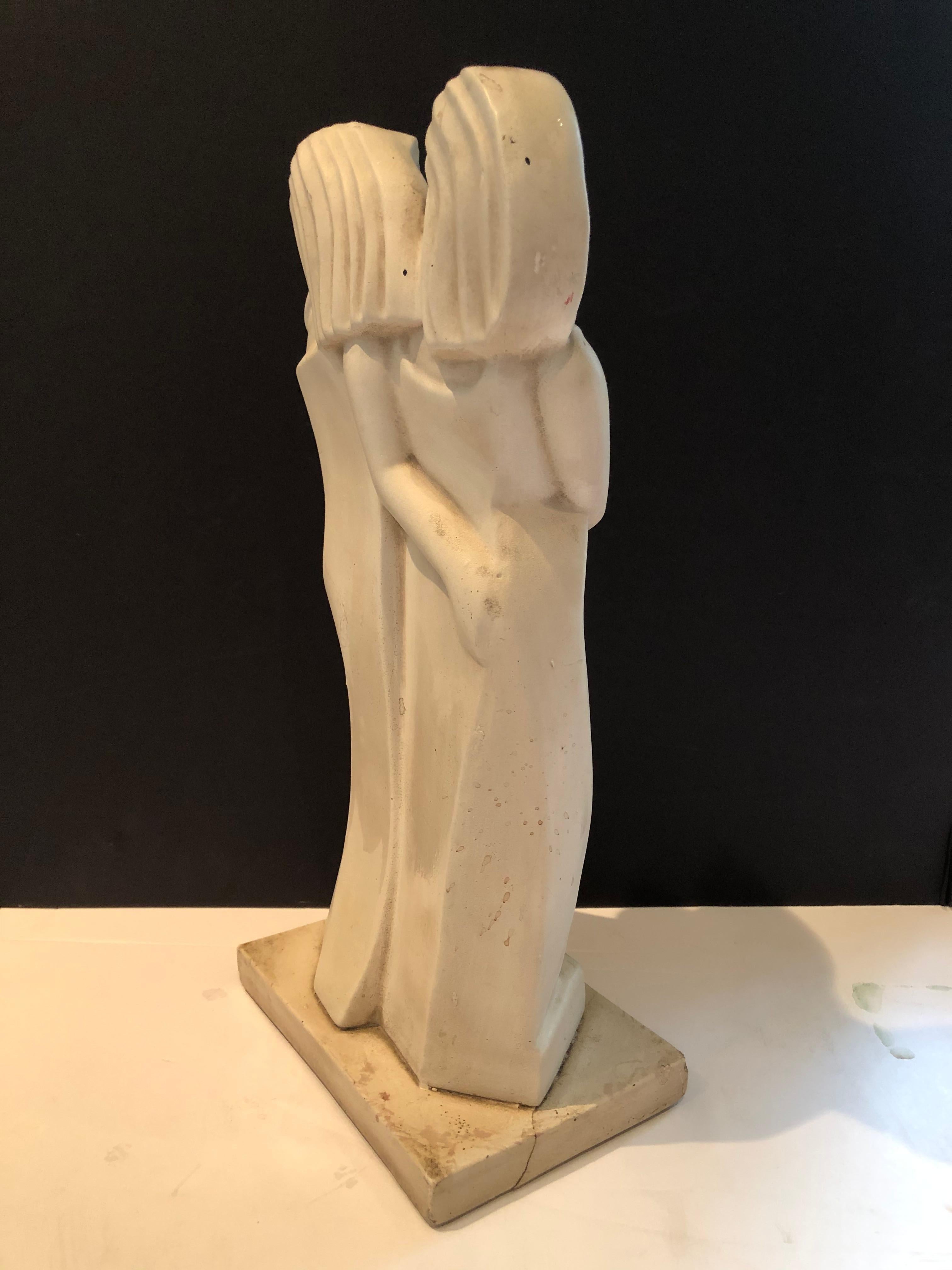 Poetic Vintage Tall Art Deco Abstract Sculpture of Two Women For Sale 1
