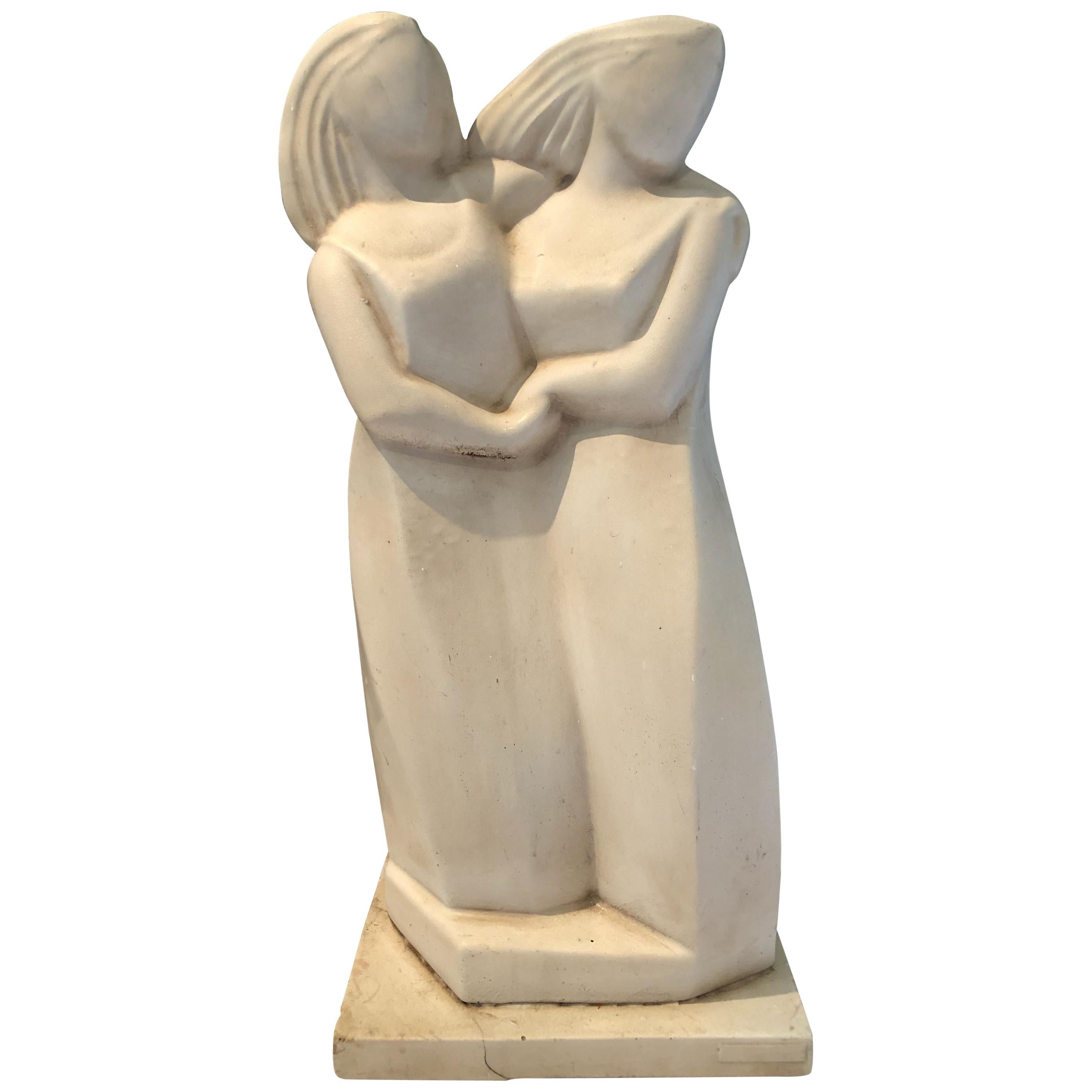 Poetic Vintage Tall Art Deco Abstract Sculpture of Two Women For Sale