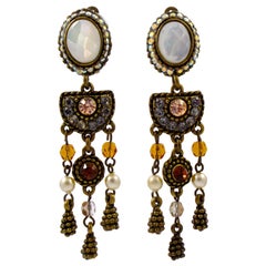 Antique Poggi Paris Gold Tone Crystal Mother of Pearl Drop Clip On Earrings