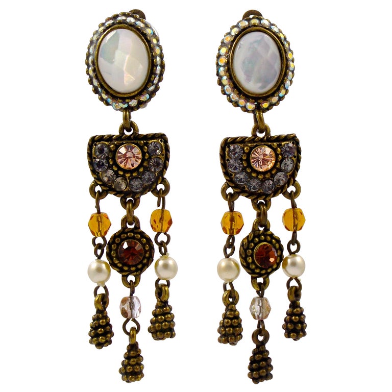 Boucles D'oreilles Vintage POGGI Cristaux - Plaqué Or 24 Carats, Occasion Très Bon état