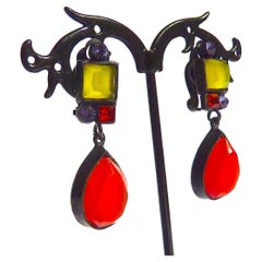 Retro  POGGI PARIS Red Dangle Clip On Earrings from the 1980s