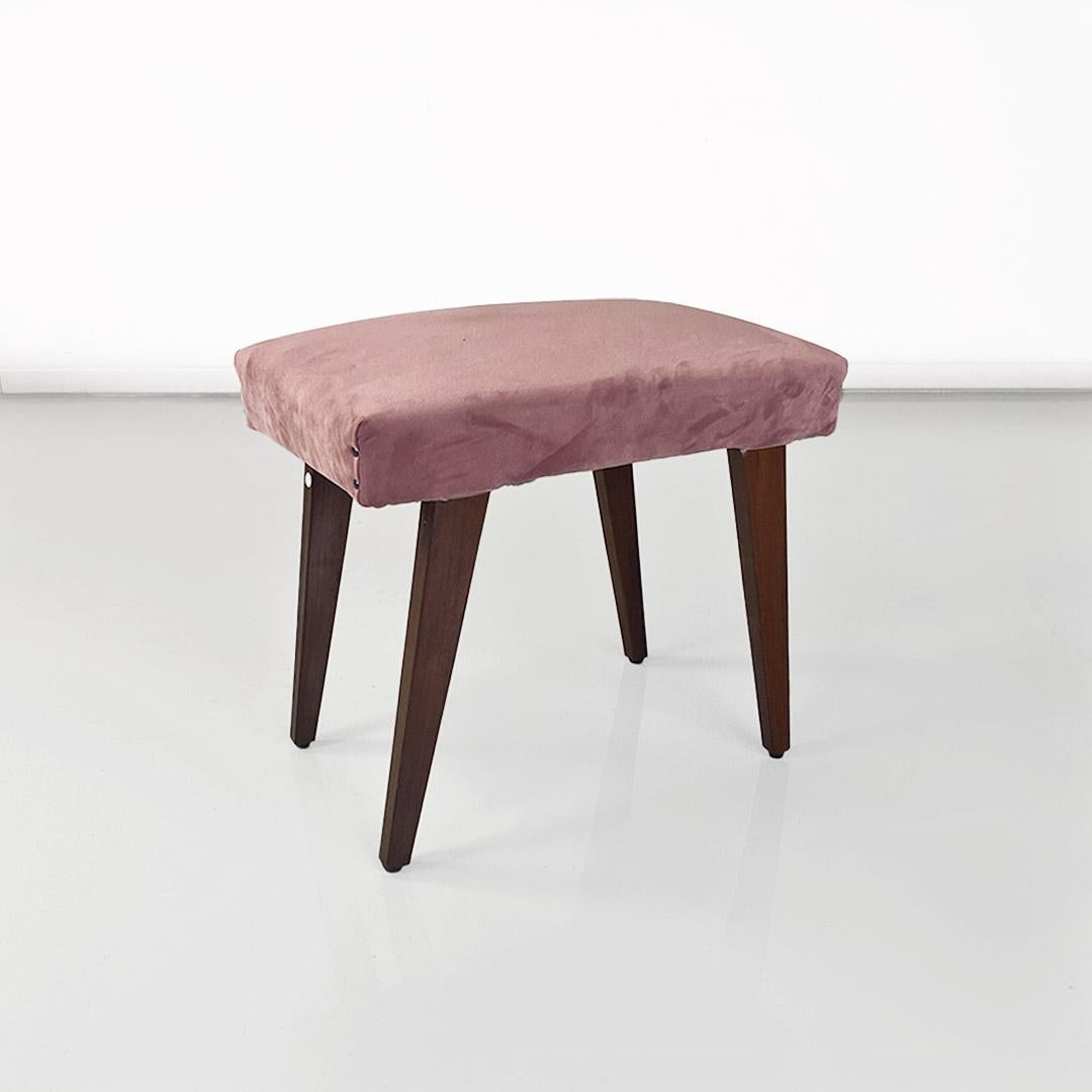 Velvet Italian modern antique footstool or pouf, wood and pink velvet, ca. 1960. For Sale
