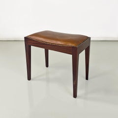 Italian mid-century modern leather and wood footstool or pouf with studs, 1960s