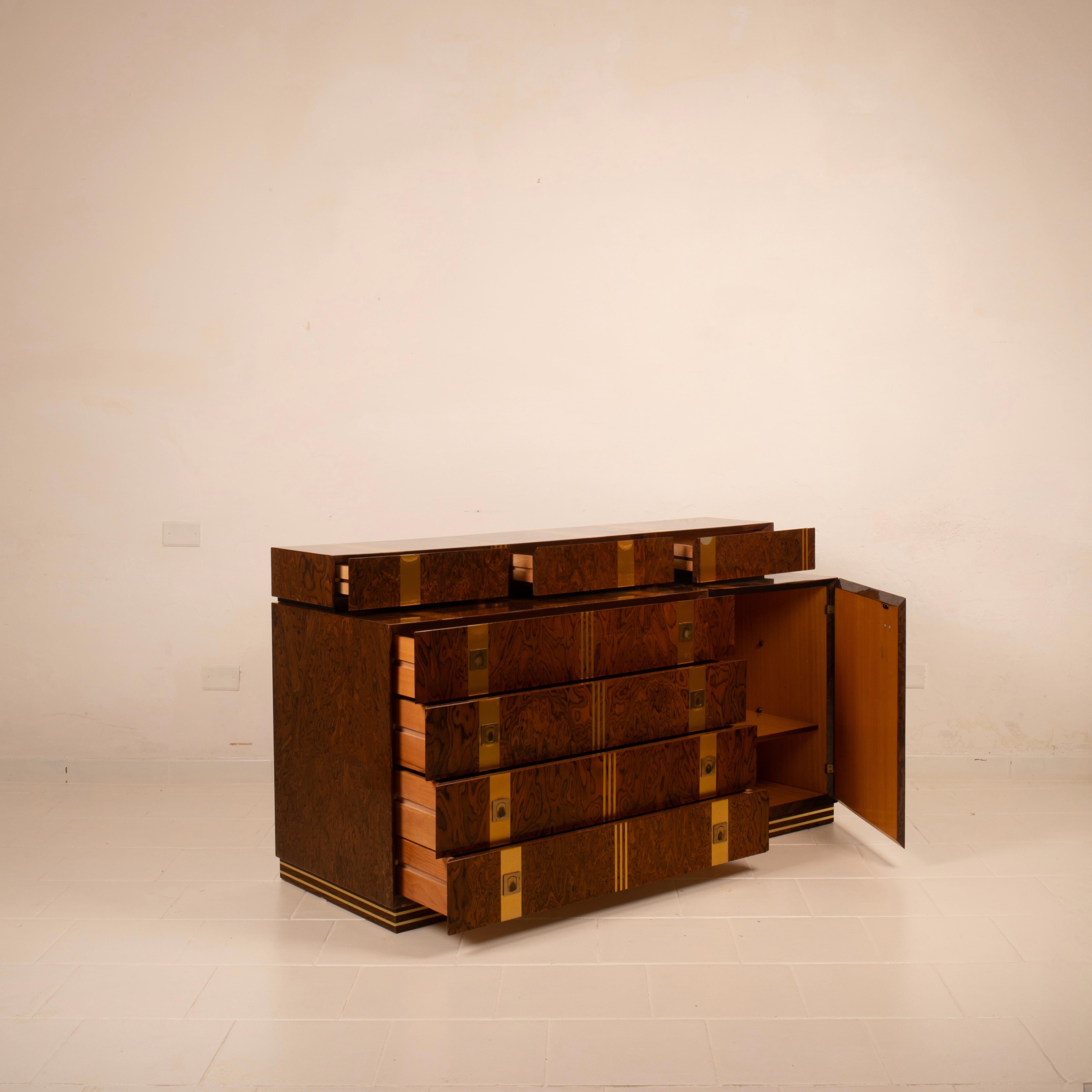 Poggioli Chest of Drawers in Burl Wood and Brass, 1970s in vendita 5