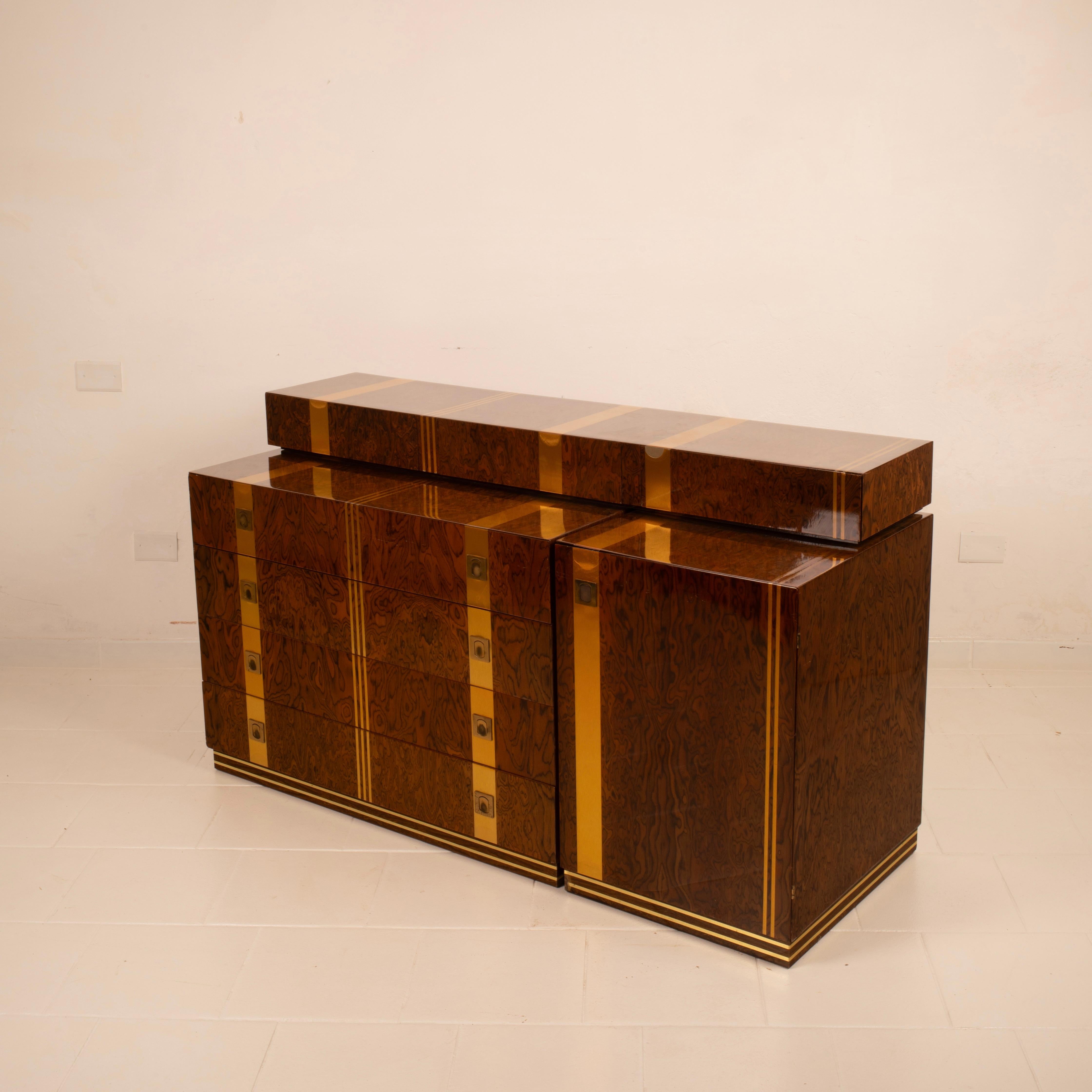 Poggioli Chest of Drawers in Burl Wood and Brass, 1970s in vendita 8
