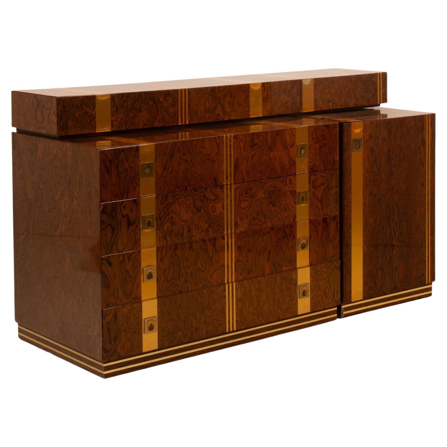 Poggioli Chest of Drawers in Burl Wood and Brass, 1970s in vendita