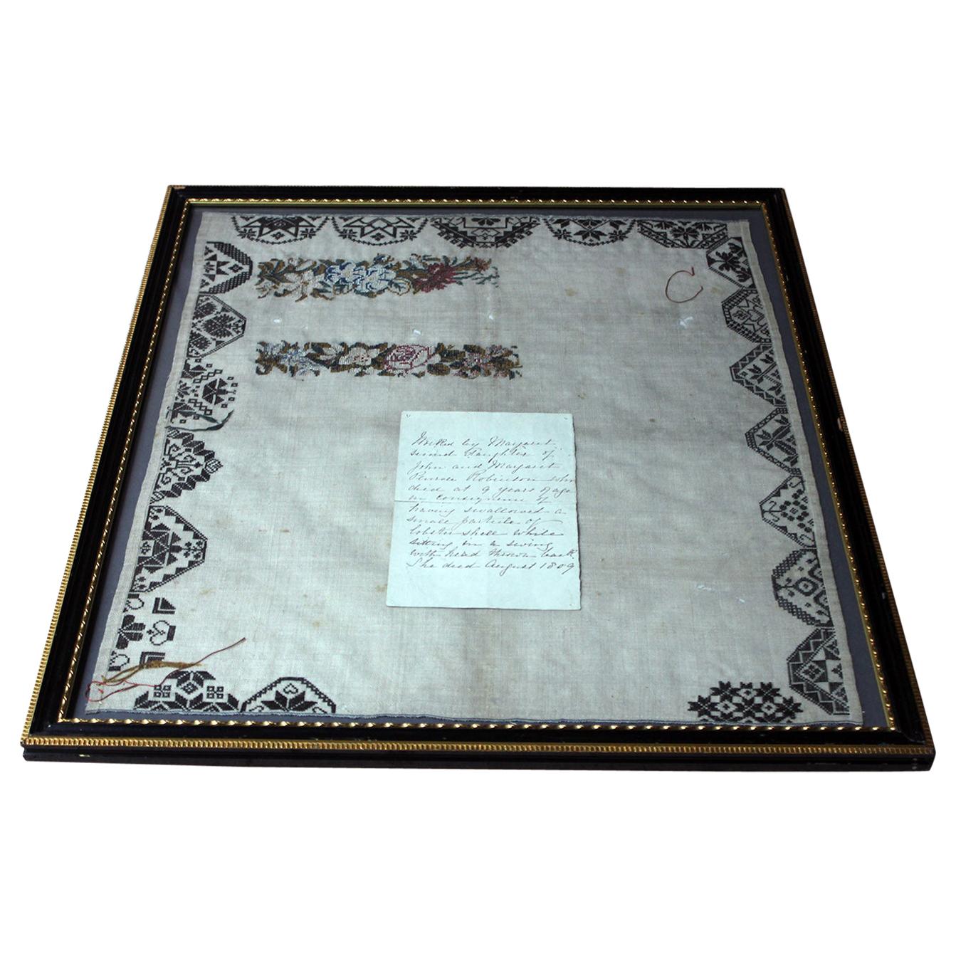 Poignant George III Period Unfinished Sampler by Margaret Penrose Robinson 1809