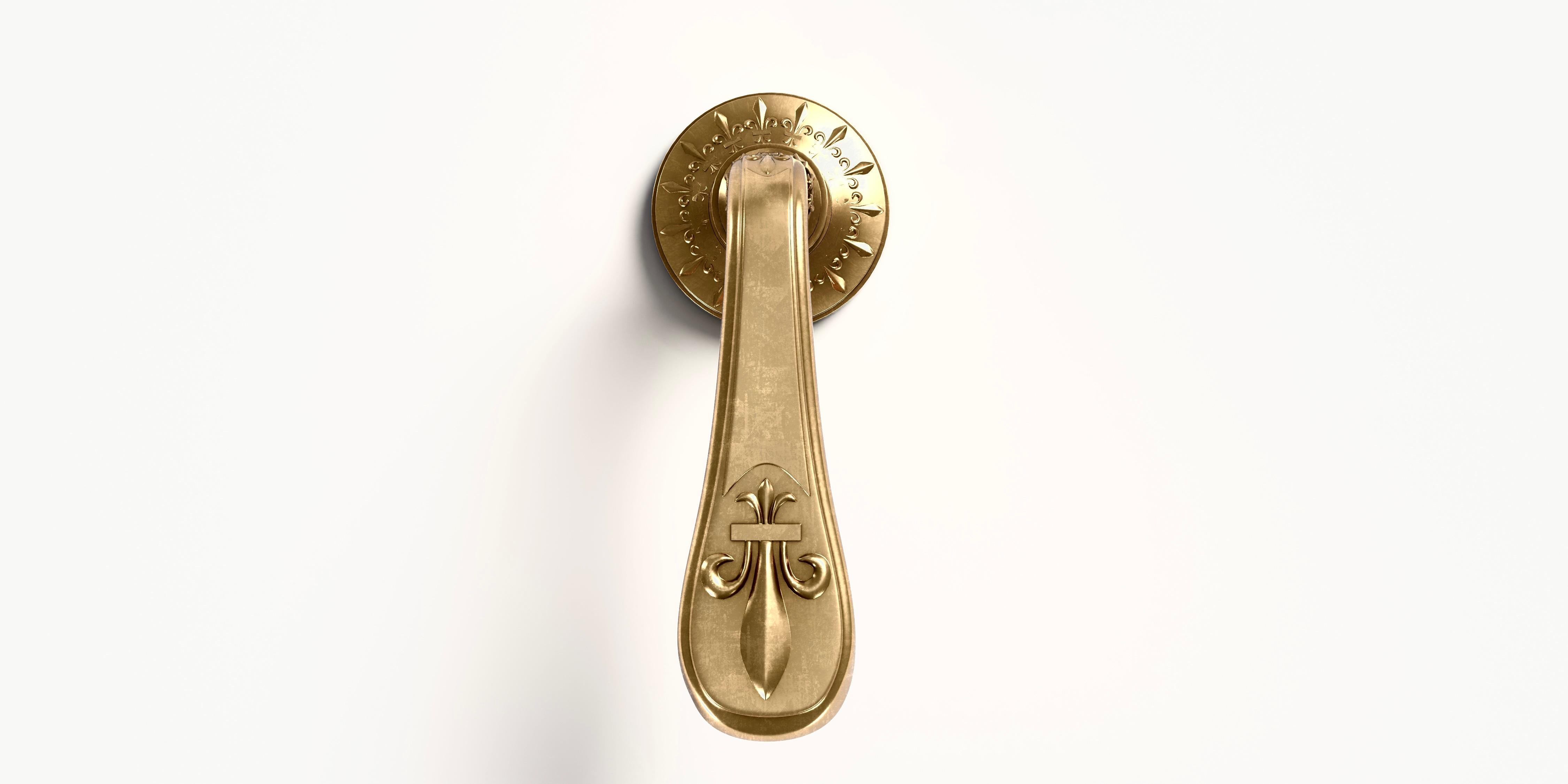 Magnificent door handles with condemned rosette in satin-finish polished brass. 

Entirely hand-crafted by Art bronzier Rémy Garnier (a French heritage company since 1832). 

Fleur de Lys details in the French Chateau spirit. 

