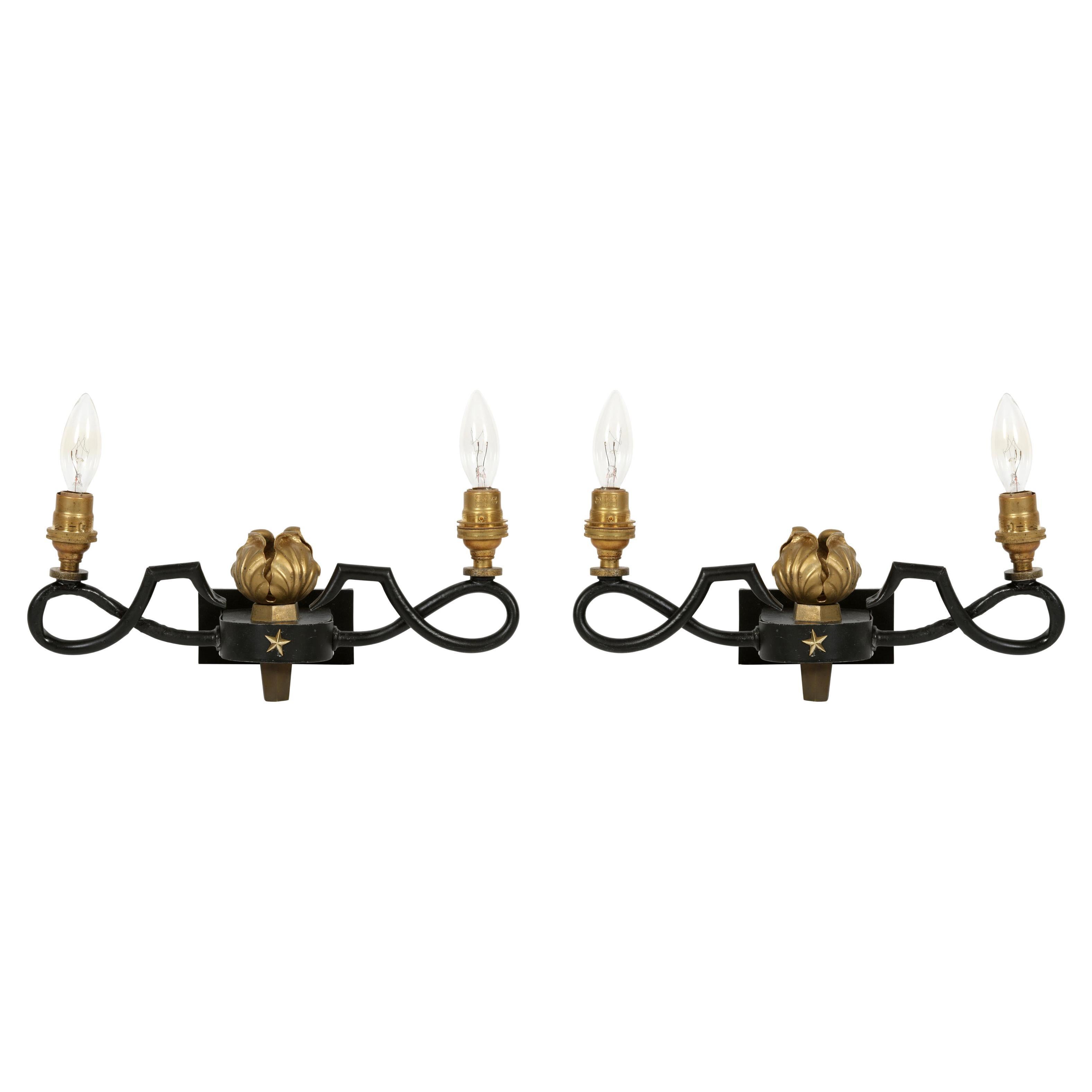 Poillerat Style Double Sconces with Acanthus Gilt Detail For Sale