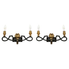 Antique Poillerat Style Double Sconces with Acanthus Gilt Detail